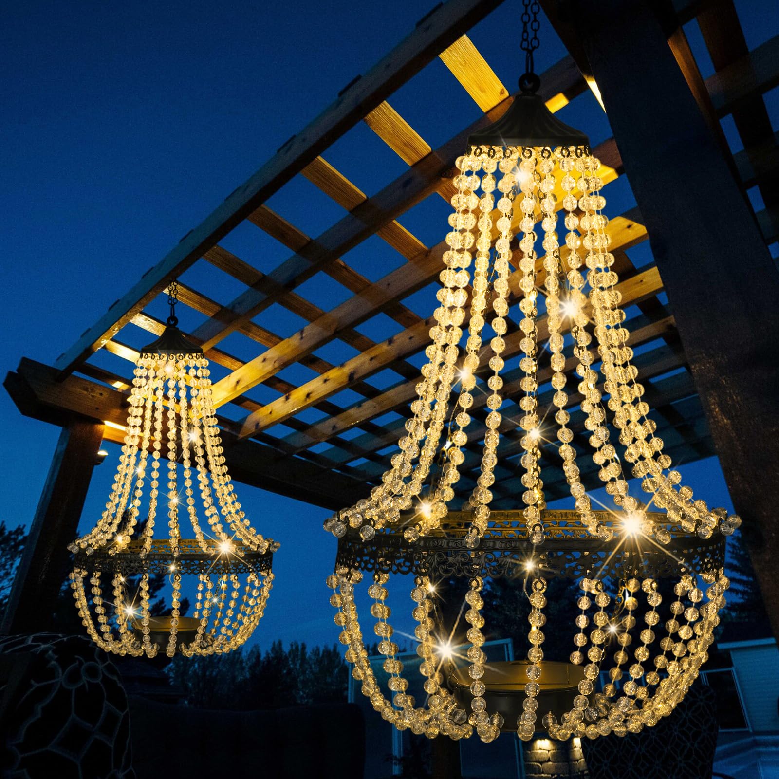 Hanging Solar Lantern Outdoor, 28    Modern Clear Crystal Acrylic Chandelier with 30 Warm White Lights S Hook for Garden, Yard, 