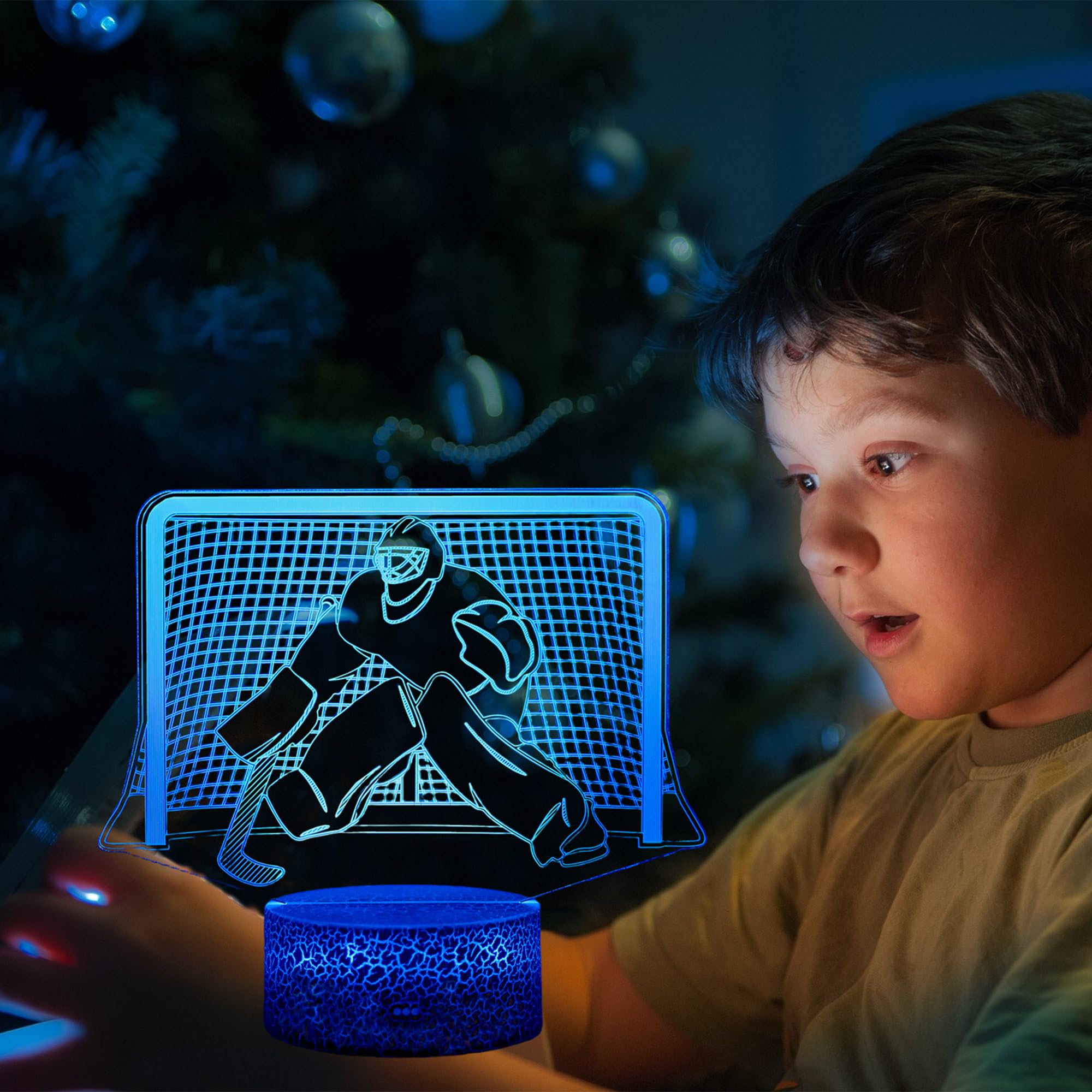 Kenmaca Ice Hockey Player Night Light For Kid Boy Girl Bedroom Decor, 3D Illusion Lamp 3 Patterns 16 Colors Changing Dimmable, T