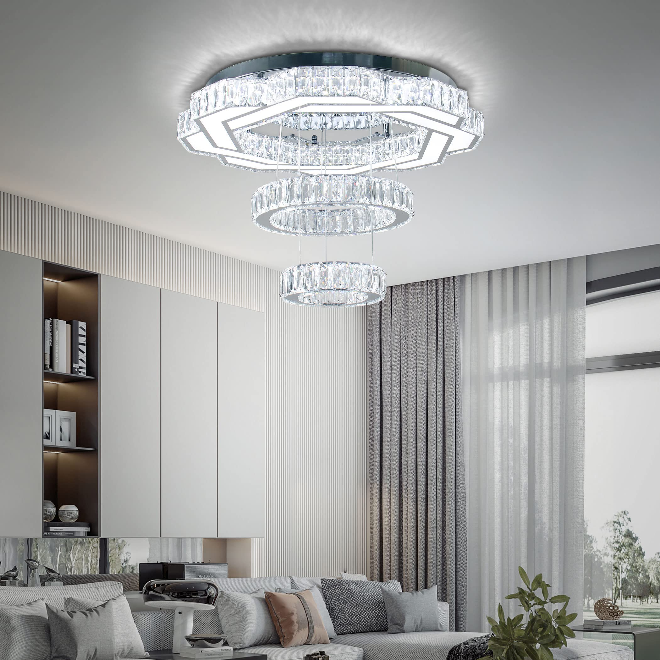 xychfantligh 22.5" Crystal Chandelier - Modern LED Flush Mount Light, Cool White, Large for Living Room, Bedroom, Dining Room, Model XX008