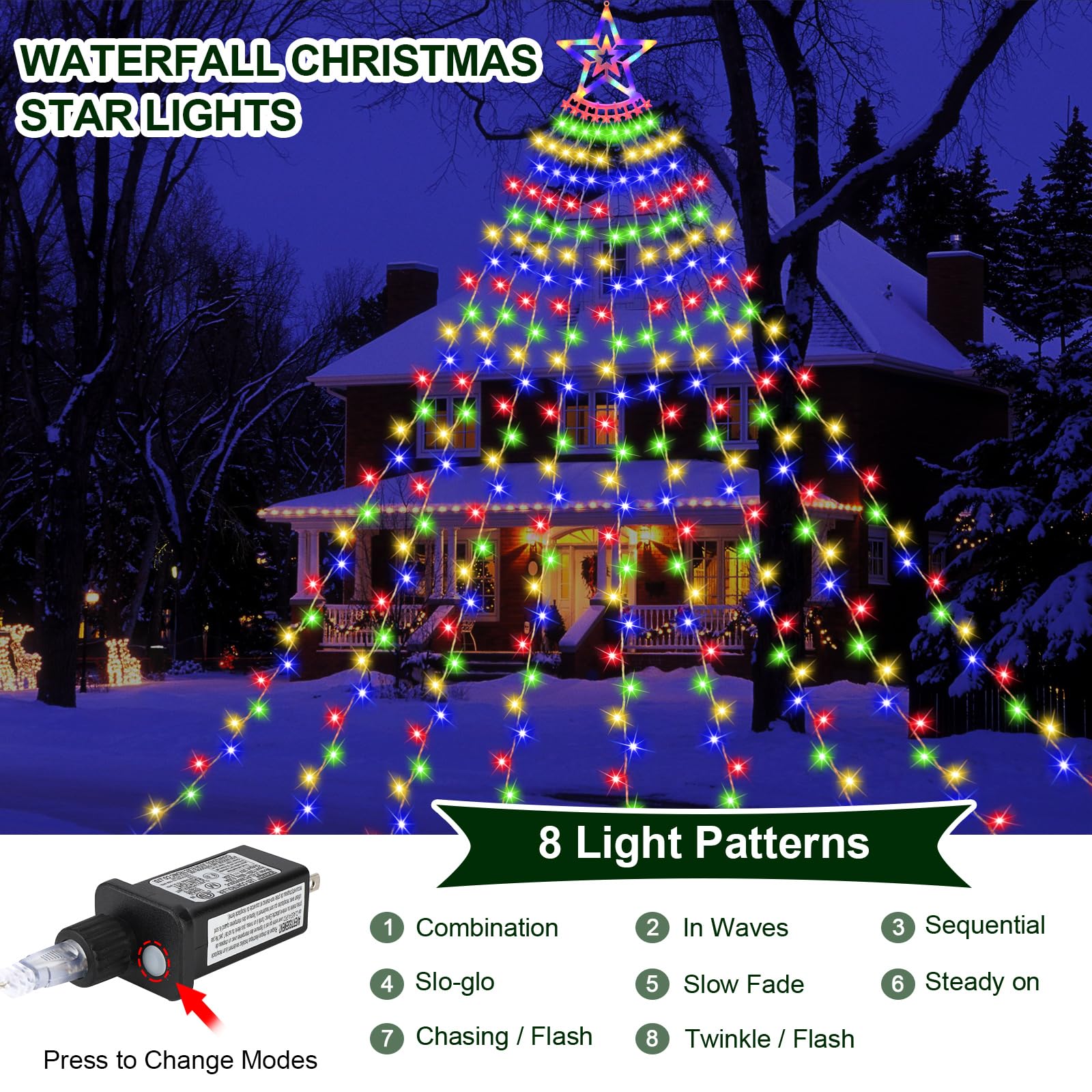 Christmas Decoration Lights, Outdoor Christmas String Lights 320 Led 11.5 Ft Waterfall Tree Lights With Big Star Topper 8 Light