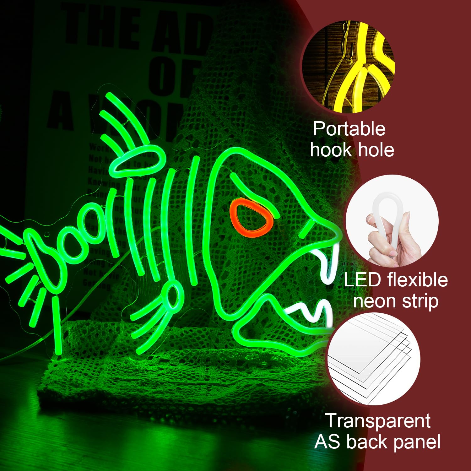 LIUOZHTEA LED Skeleton Fish Neon Sign for Wall Decor, Dimmable, Acrylic, 16.7inx12.8in, Green Red White