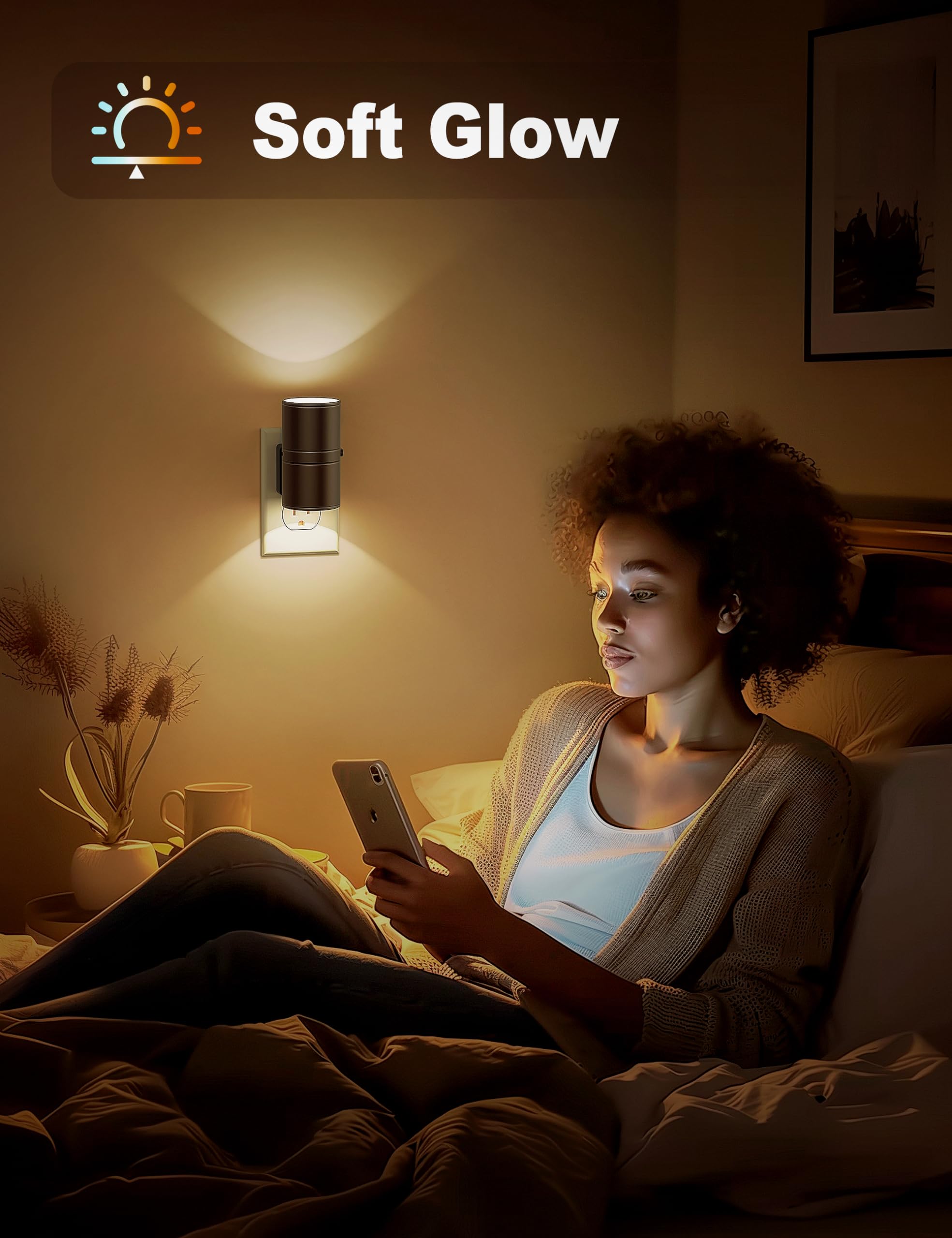 JandCase Dimmable Night Light Plug-in with Dusk to Dawn Sensor, Soft White 3000K, 0-100LM, Warm Black Shade, 2 Pack