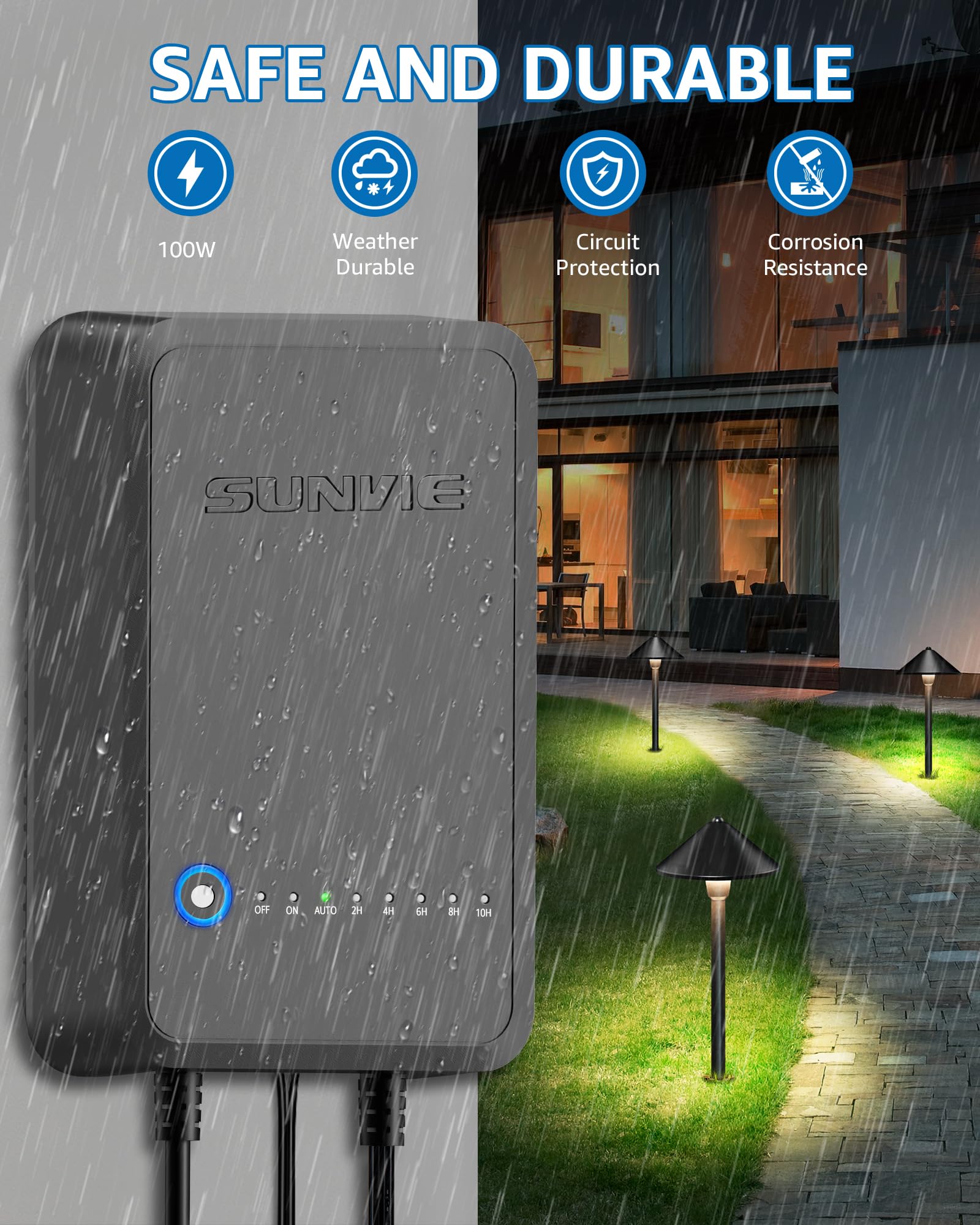 SUNVIE 100W Low Voltage Landscape Transformer with Photocell & Timer, Black, Model LVTMH100W, Weatherproof for Outdoor Lighting