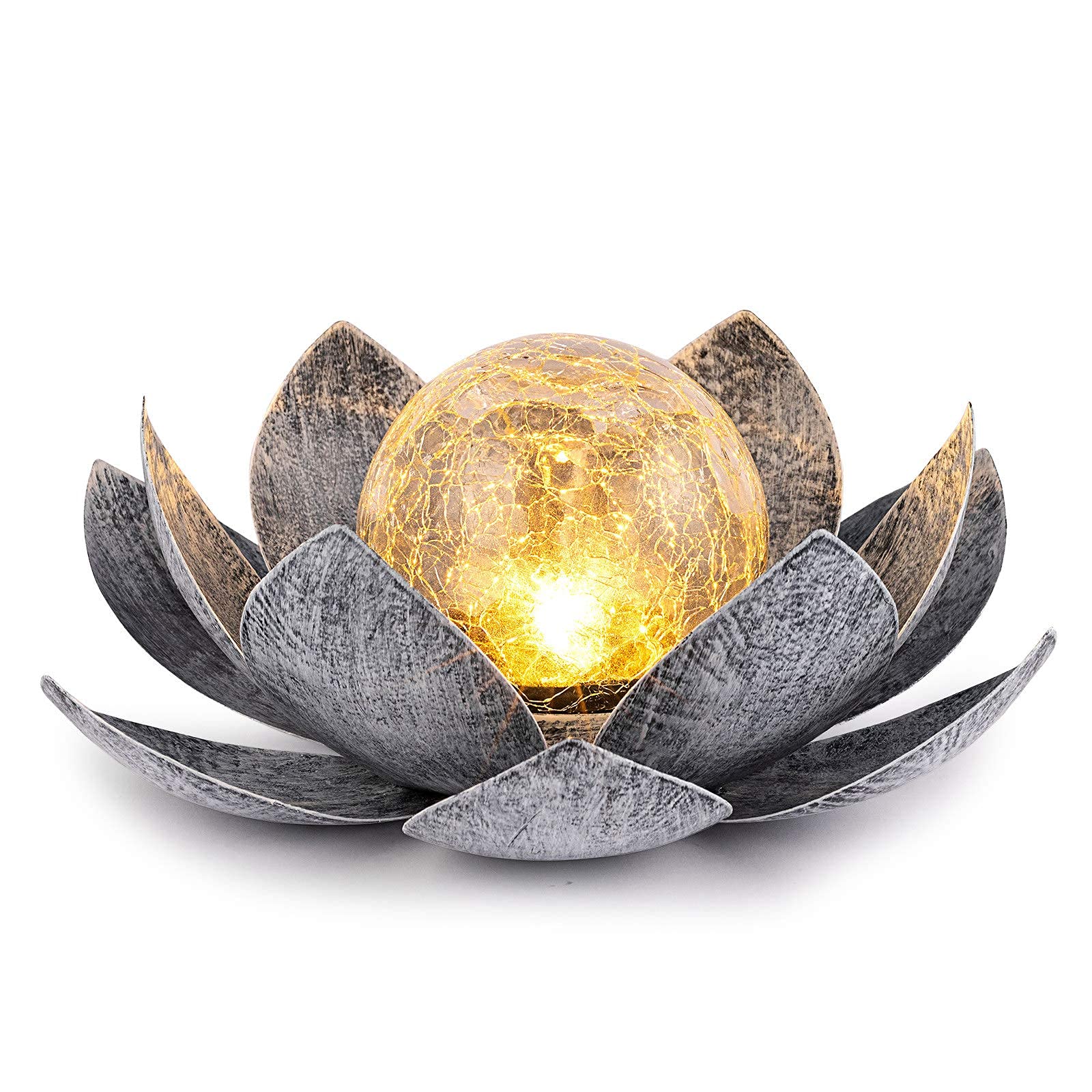 Huaxu Solar Lights Outdoor Garden, Waterproof Led Crackle Globe Metal Flower Decor