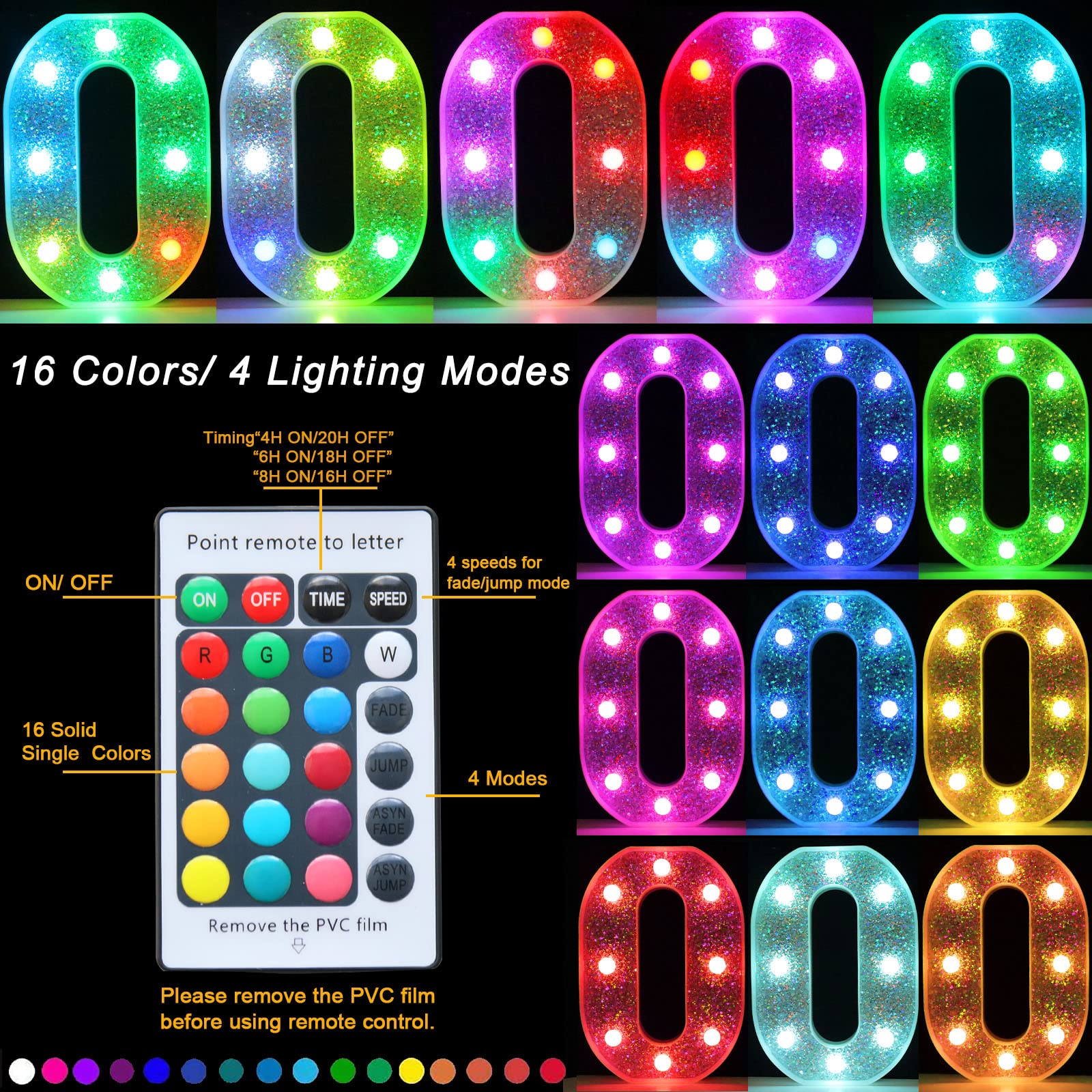 Pooqla Colorful LED Marquee Letter Light O, 6.2in, Battery Operated, 16 Colors, Glitter Silver, S-RGB Model for Party Decoration