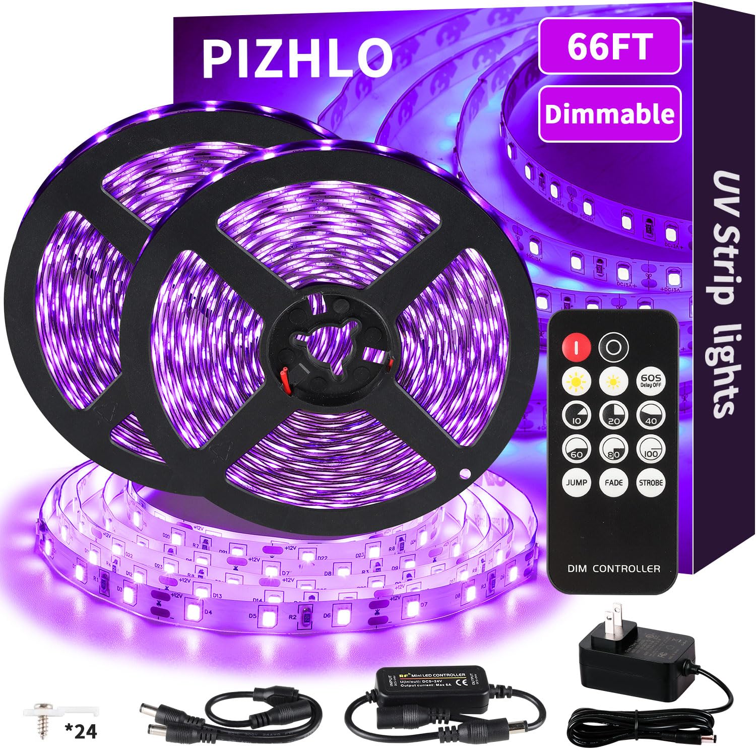 PIZHLO LED Black Light Strip Set, 66ft/20M, 1200 LEDs, Dimmable, Purple, Self-Adhesive, for Glow in The Dark and Parties