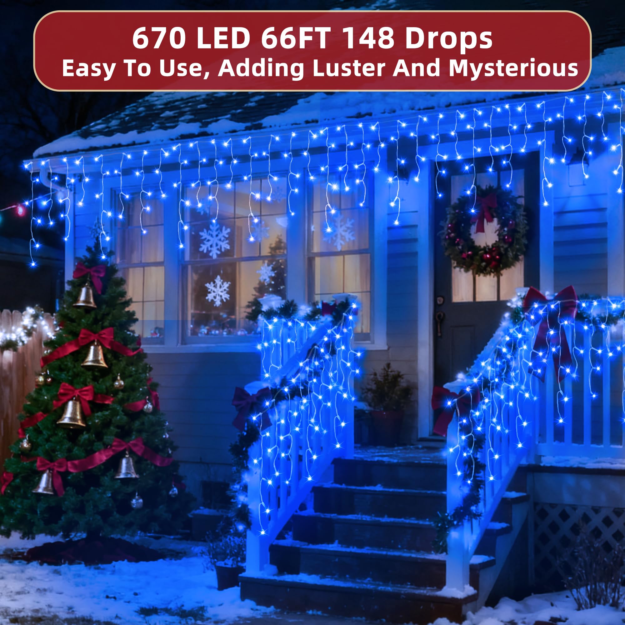 YHBJKCZ LED Christmas Lights - 66ft Blue Twinkling Lights, 670 LEDs, 148 Drops, 12 Modes, Dimmable, Timer, Waterproof