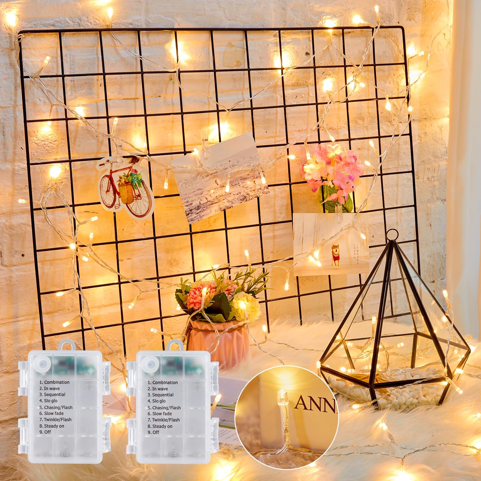 Minetom Battery Operated String Lights, 33 FT 100LED, 8 Modes, Waterproof, Warm White, 2 Pack
