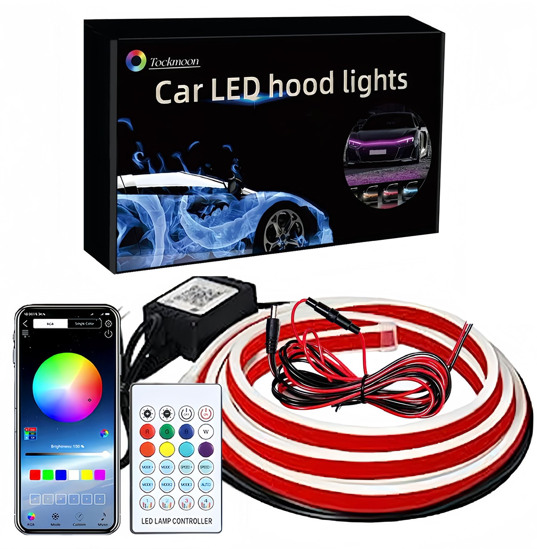 Tockmoon Car LED Hood Lights, Multicolor 120 Modes, 79 Inch, 12V, Model ct001