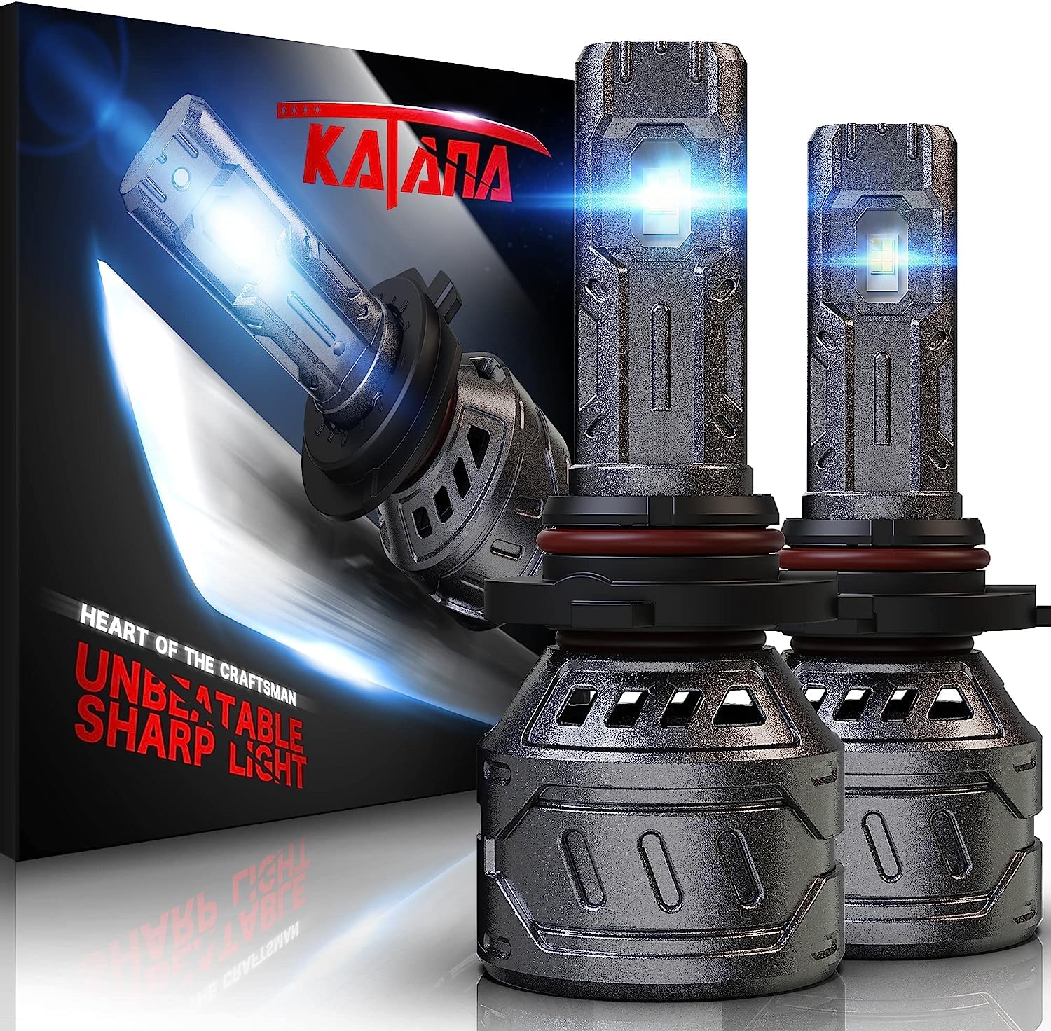 Katana 9005 HB3 Light Bulbs, 400% Brightness, 6500K White, Plug and Play, Aluminum, Mini Size, Set of 2