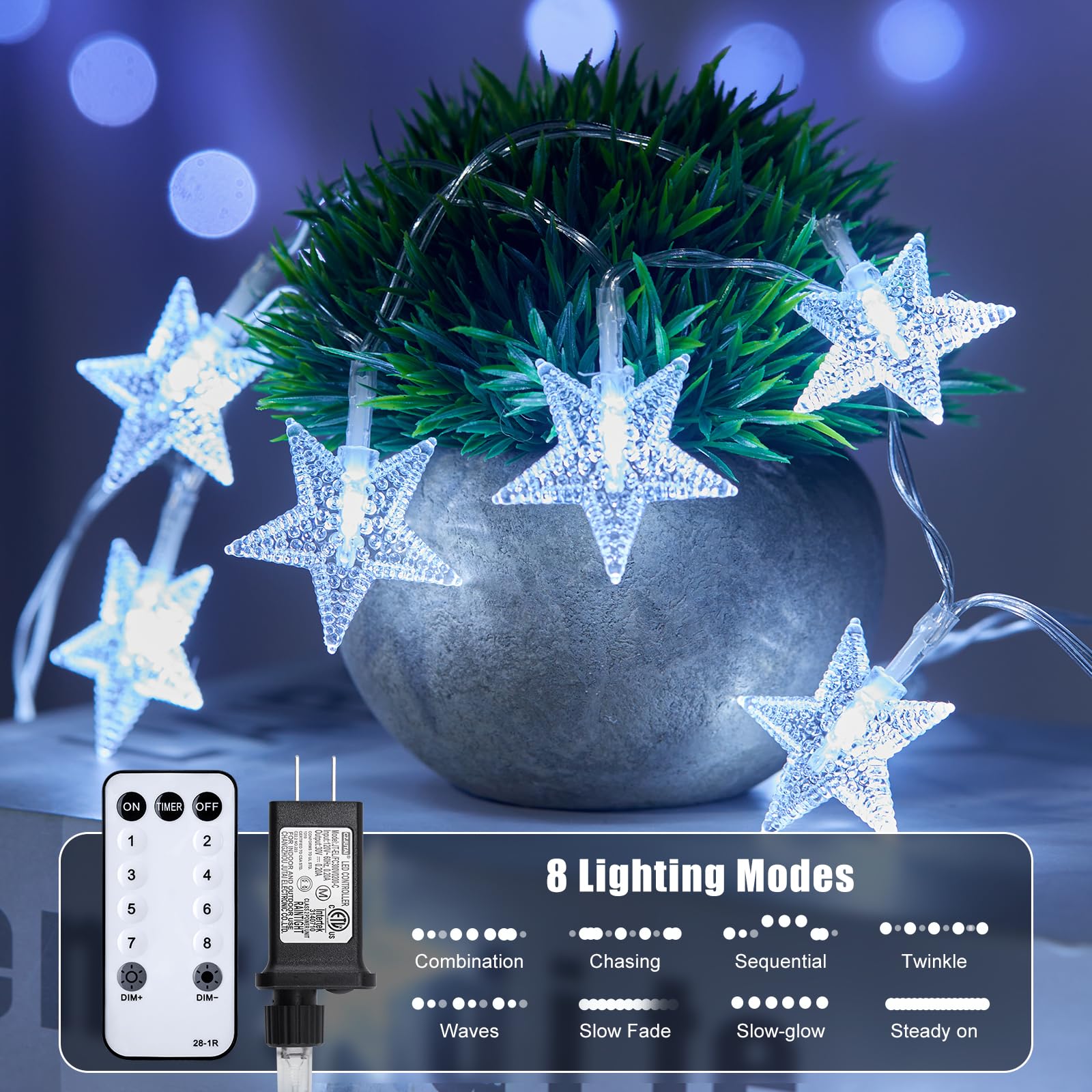 Minetom Star String Lights - 33 ft, 100 LED, Remote & Timer, 8 Modes, Waterproof, White