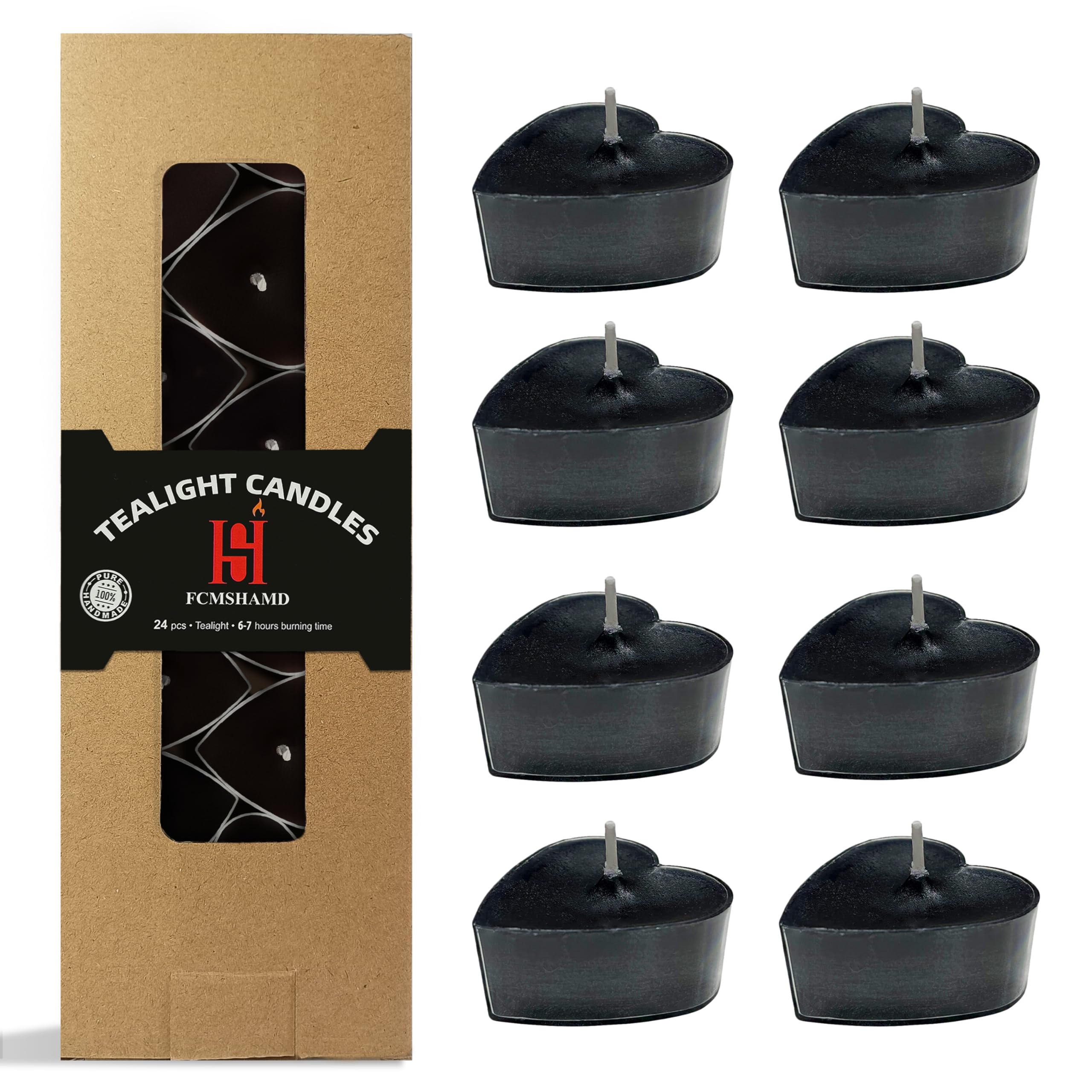 Tea Candles Heart Handmade 24 Pack Sandalwood Scented Smokeless Tea Lights Candle 7 Hour Tealight Candle for Wedding Yoga Easter Marry(Black)