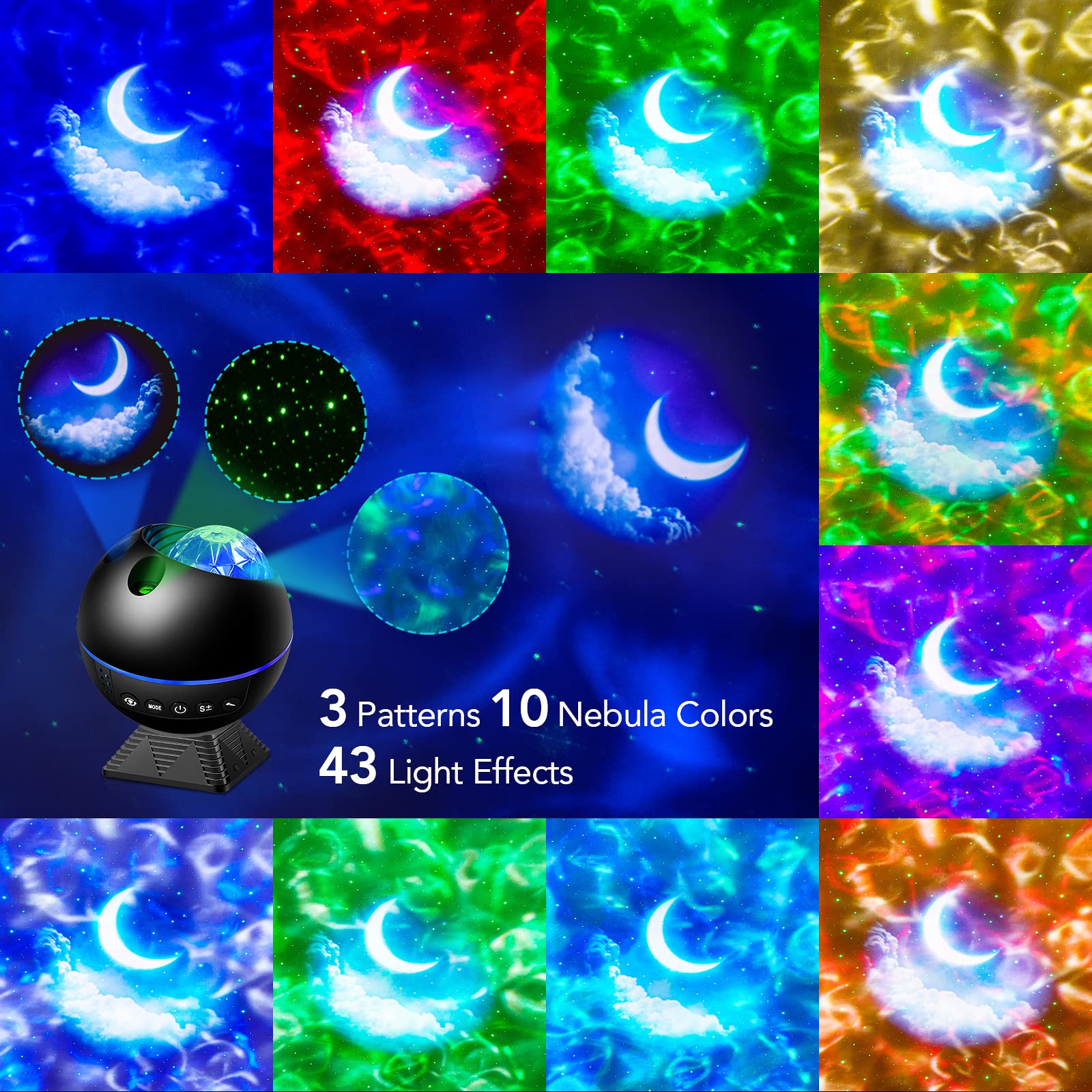 Onefire Star Projector Night Light - 43 Modes, Remote Timer, 360° Rotation, Black
