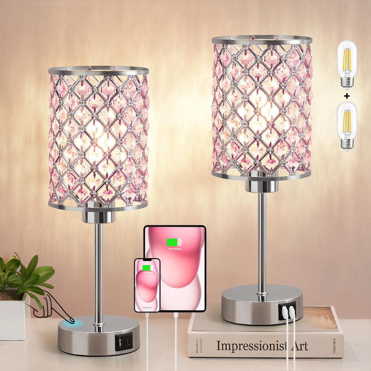 Customer Lamp Pink Crystal Table Lamp, Touch Control Bedside Lamps With Usb-C+A Char ...