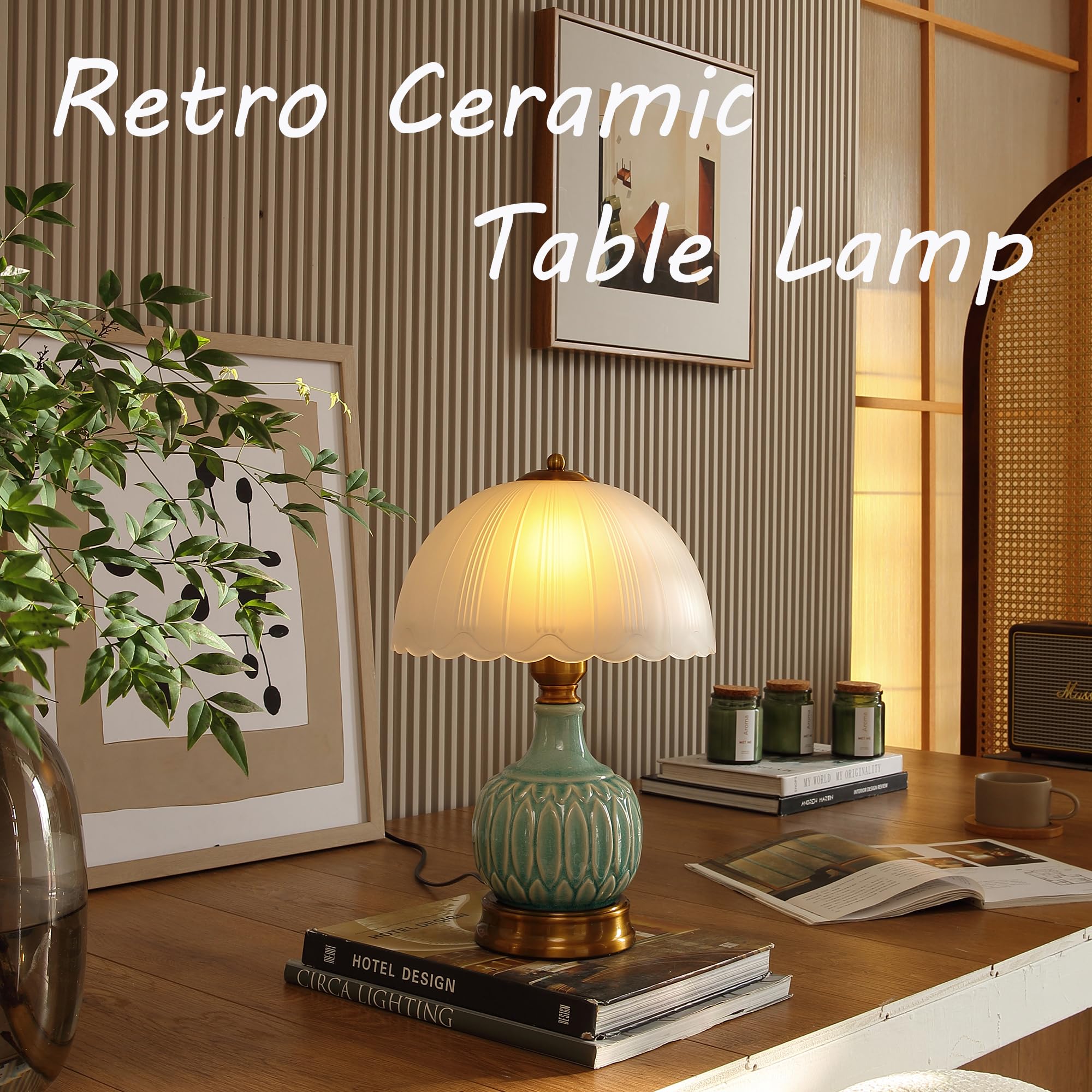 Glivpny Vintage Ceramic Table Lamp, 16" Green Retro Nightstand Lamp, Model LD002 for Living Room & Bedroom Decor
