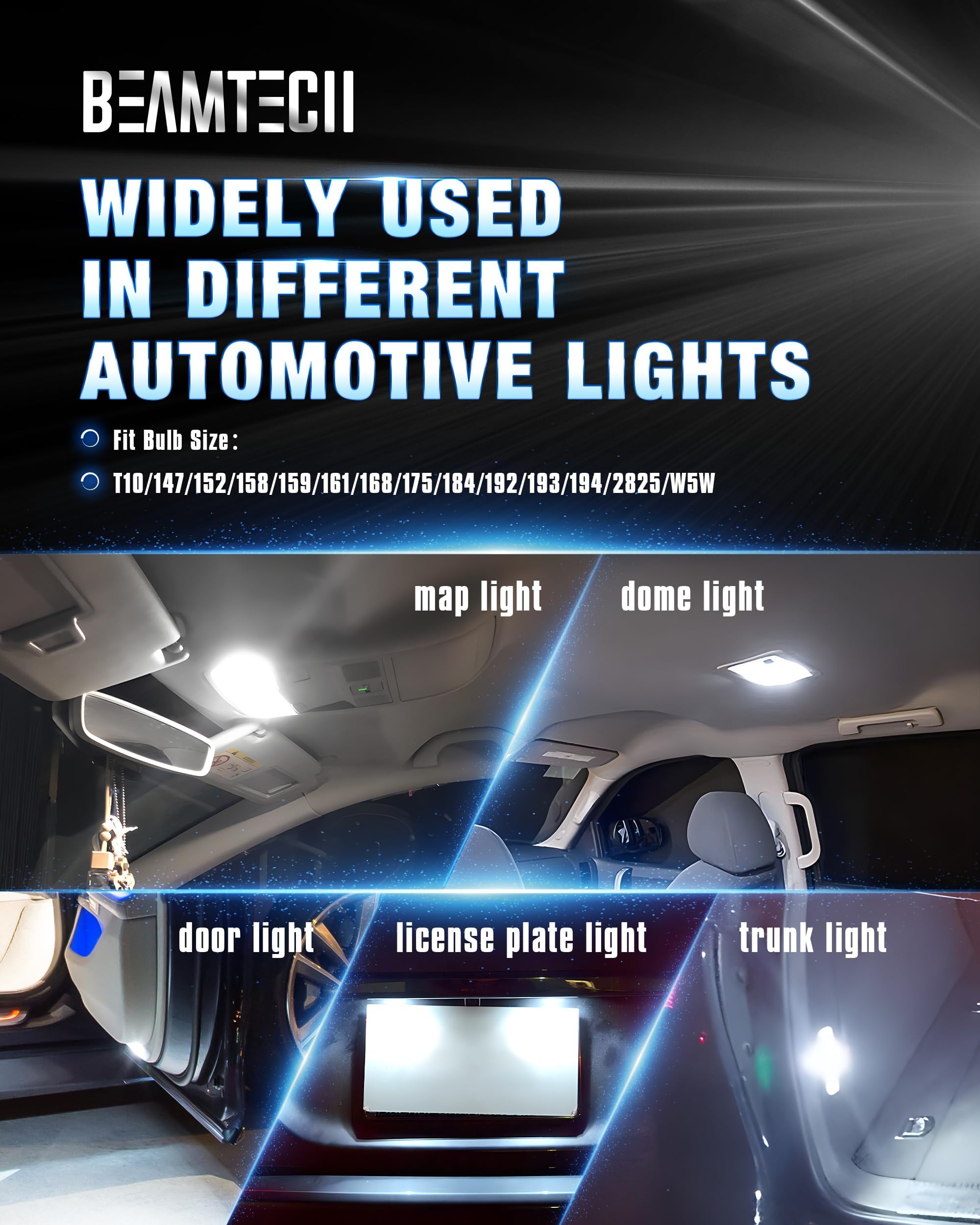 Beamtech 194 Led Bulbs 6500K White, 168 T10 2825 W5W Interior Led Lights For License Plate Interior Dome Map Door Courtesy Dash