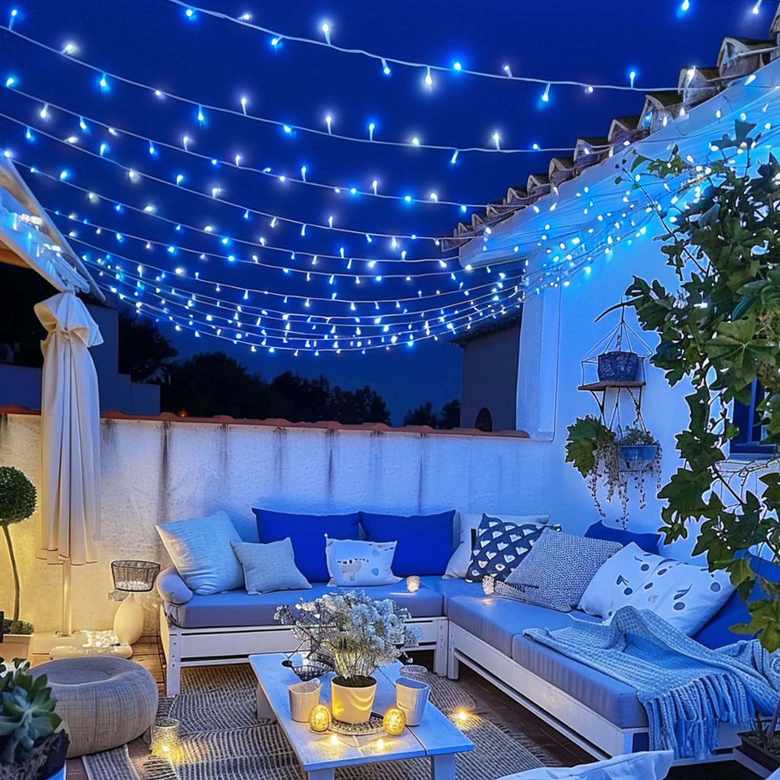 JMEXSUSS Christmas Lights 132FT 400 LED Outdoor String Lights, Waterproof, 8 Modes, Blue and White, Model EXS-S-0400-R