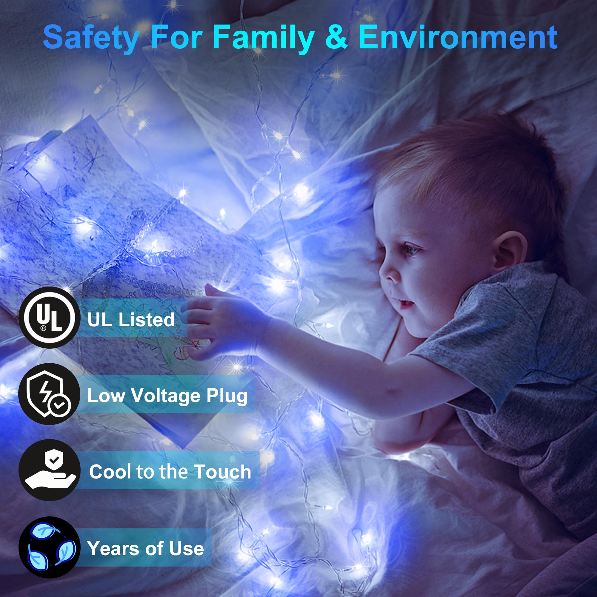 HRANBOTY 600 LED String Lights, 200FT Fairy Lights, Indoor Outdoor, Cool White & Blue, 8 Modes, Copper Material