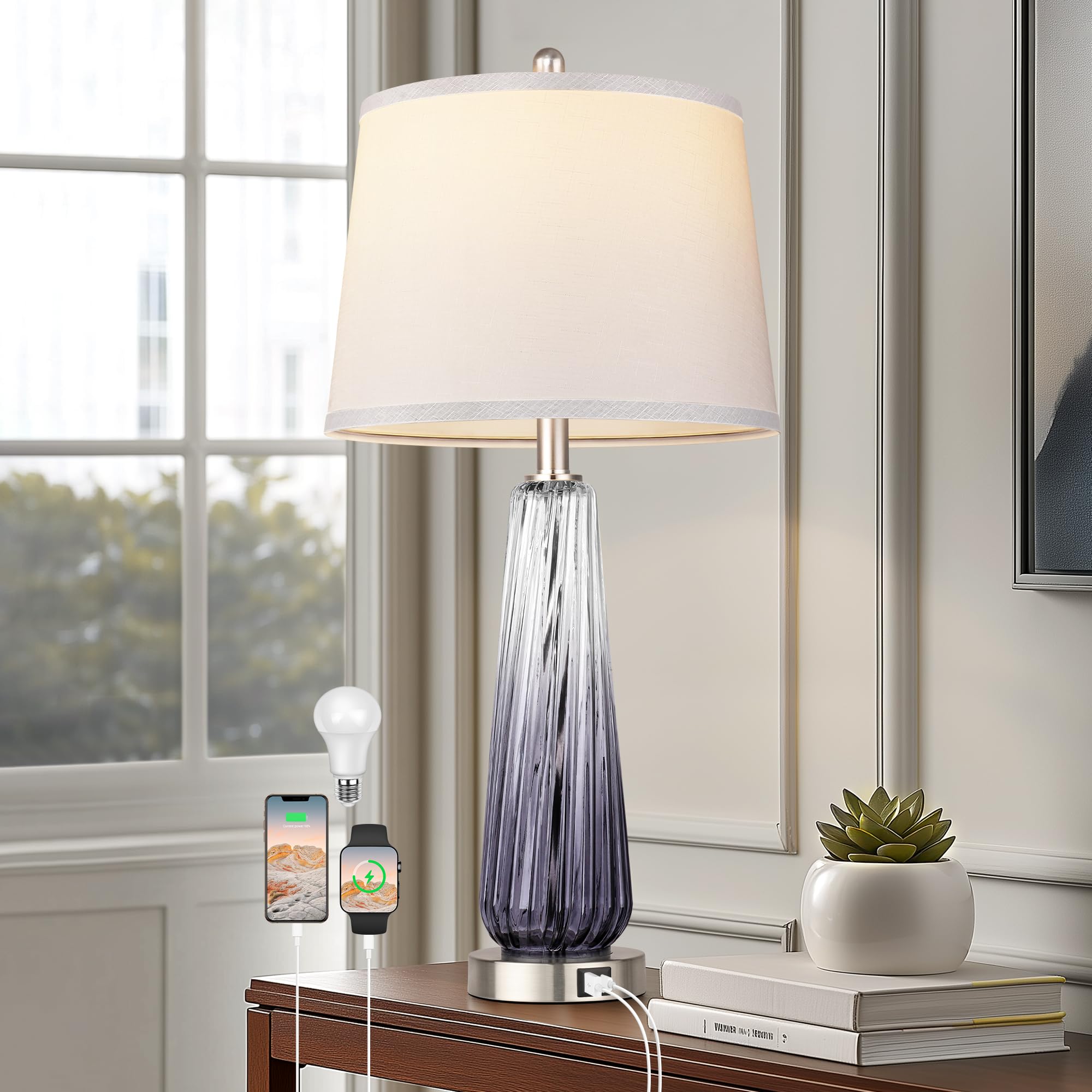 QiMH Glass Table Lamp with USB Ports, 3-Way Dimmable Touch Control, 27.5in Grey, Modern Nightstand Lighting, 1 Pack