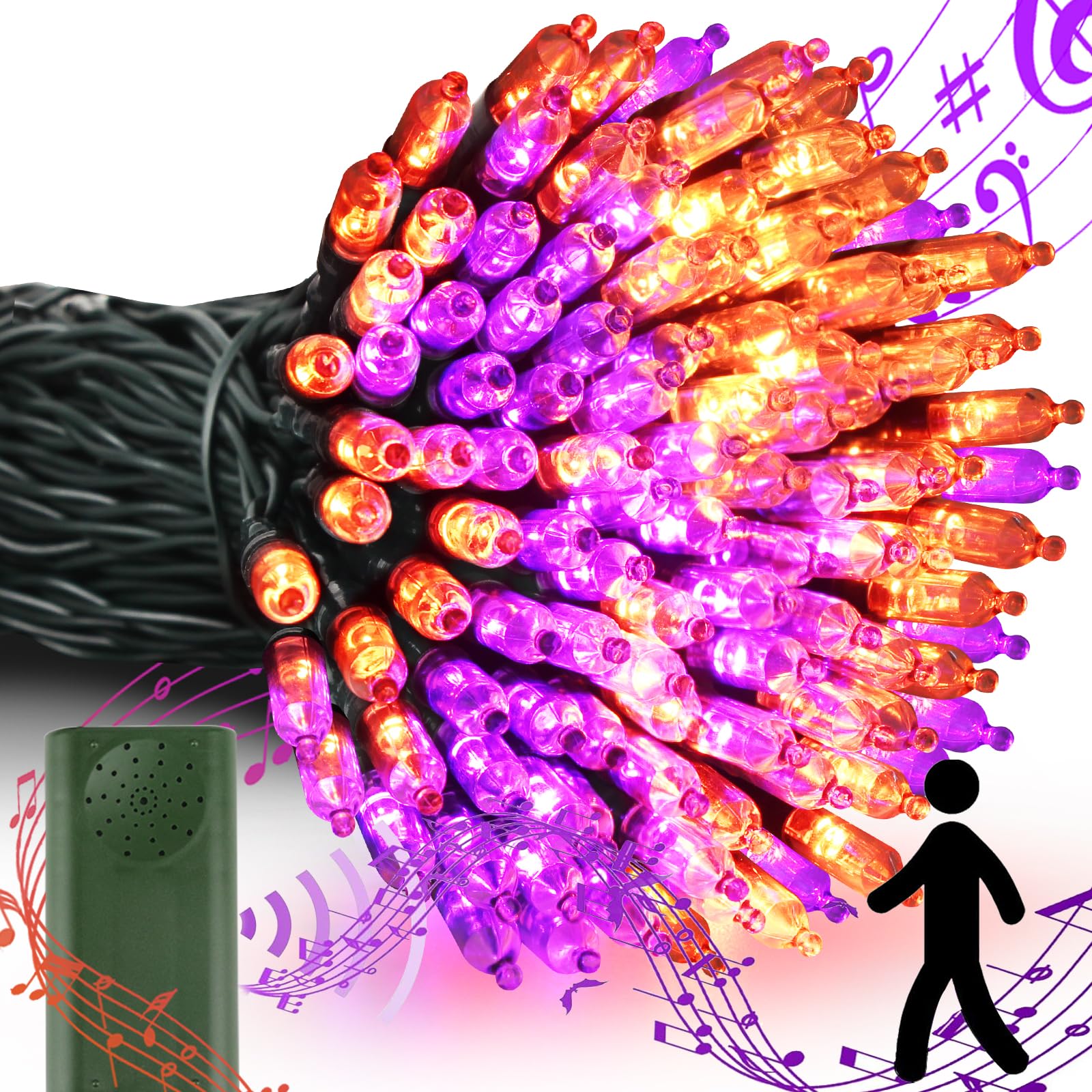 VTECHOLOGY 100 LED Halloween String Lights, 33ft USB & Battery Operated, Purple & Orange, Model QL300IE