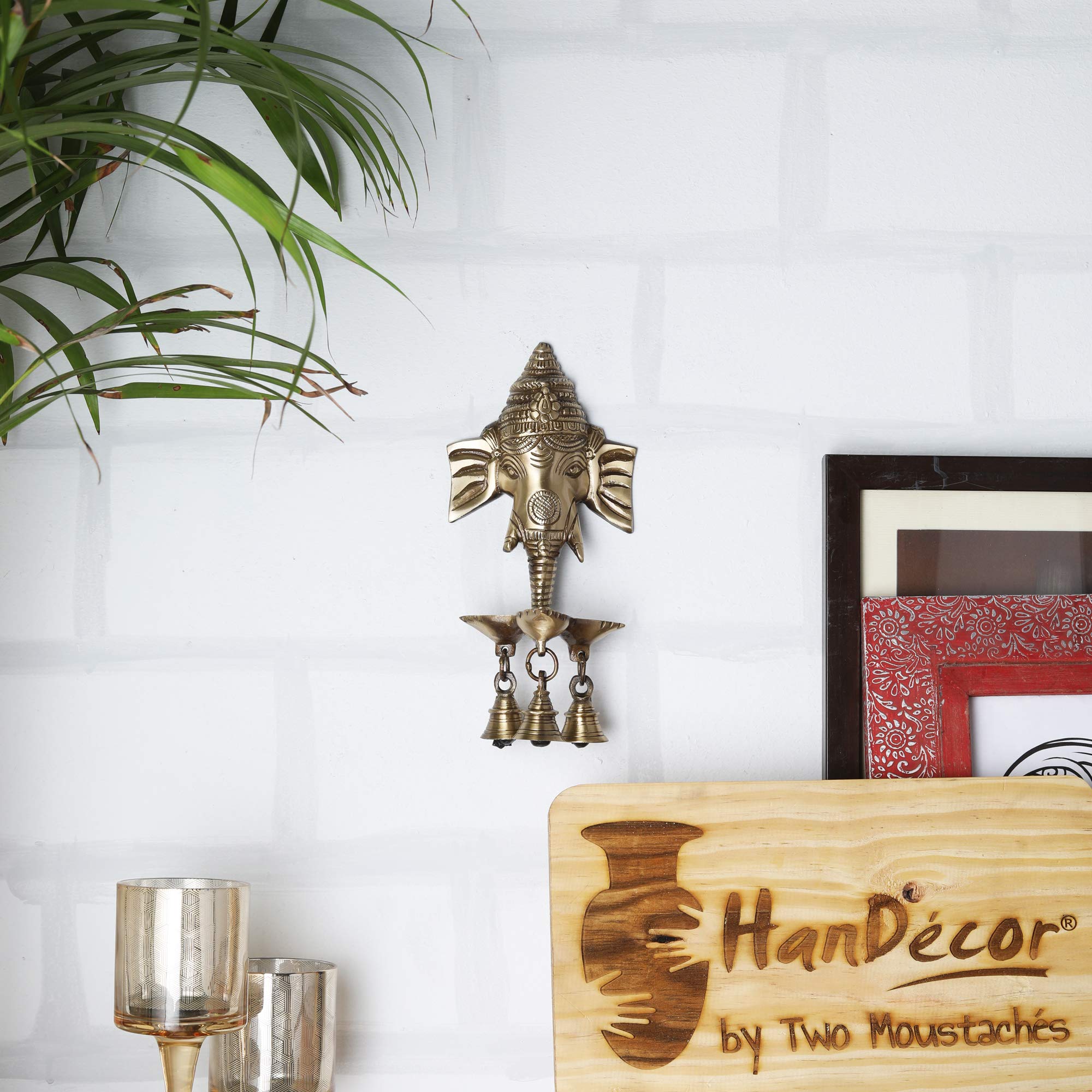 Two Moustaches Brass Ganesha Wall Hanging Diya with Bells for Home Decor, Brass Hanging Diyas Oil Lamp, Diwali Gifts, Diyas for