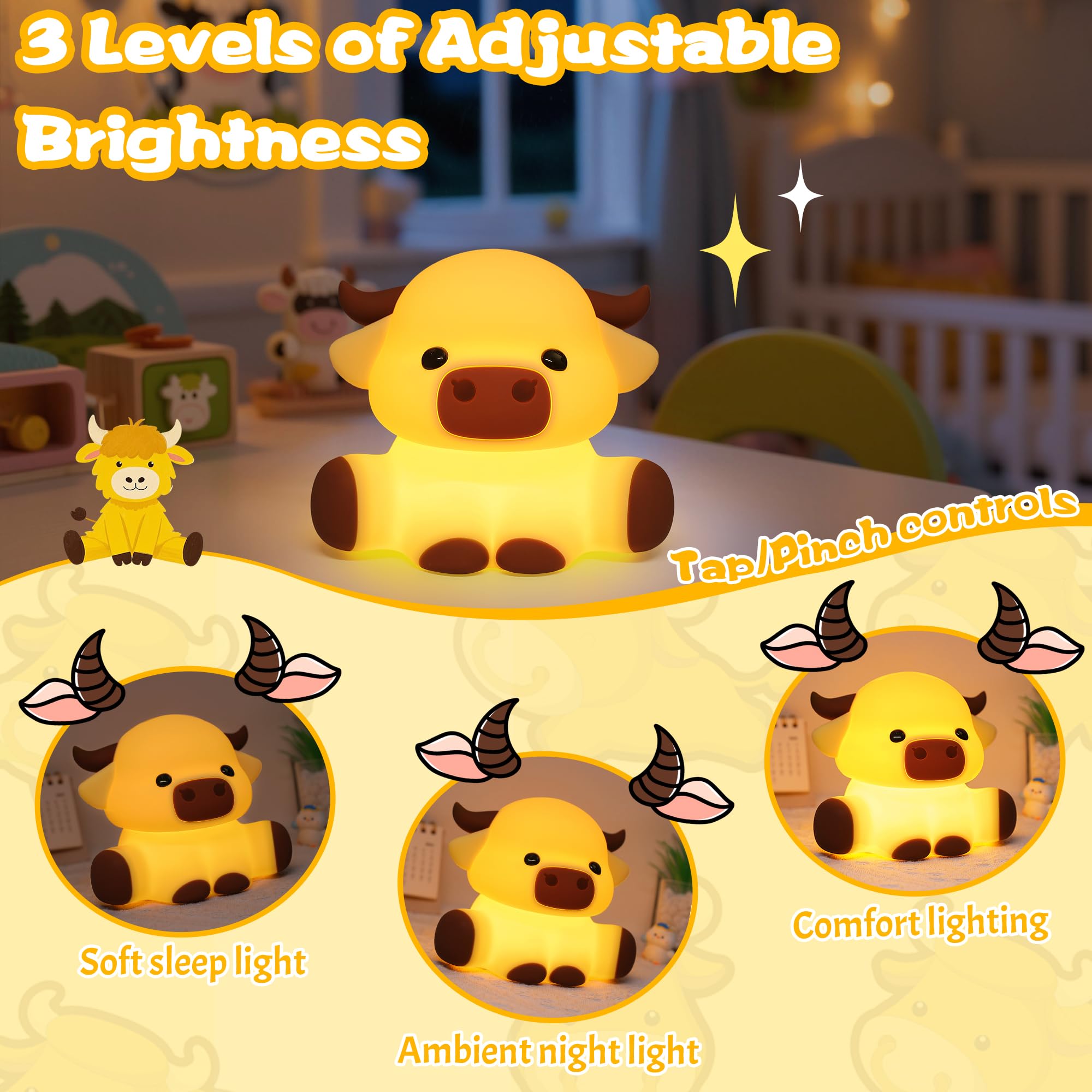 Okiyid Highland Cow Lamp  Dimmable Silicone Touch Night Light  Soft Glow Bedside Lamp For Bedroom Or Desk Decor  Highland Cow Gifts  Usb Powered With Gentle Illumination