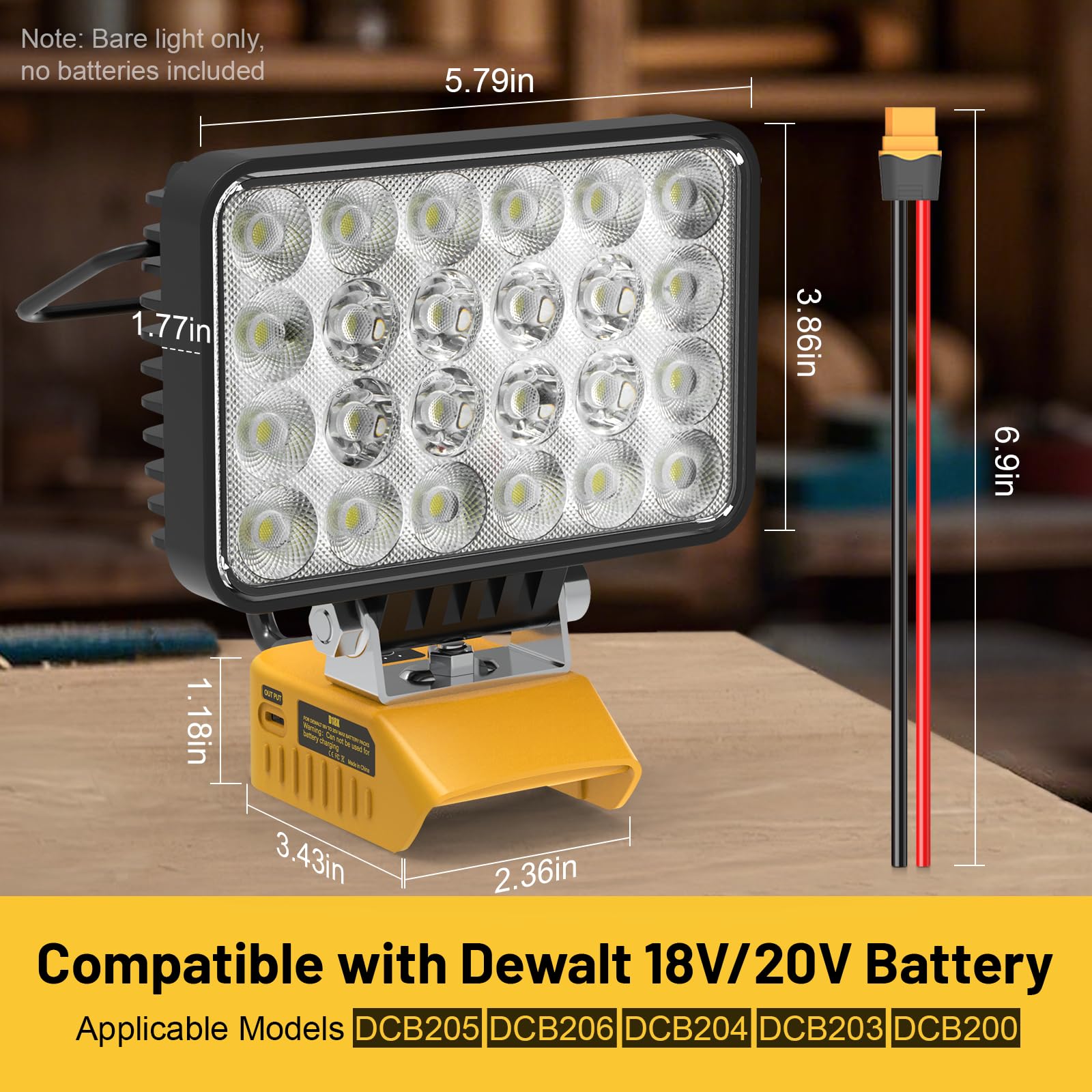 Mightrench 72W LED Work Light, 7200LM, Compatible with Dewalt 20V Battery, ABS, Yellow, Model DLED01, Adjustable 140°