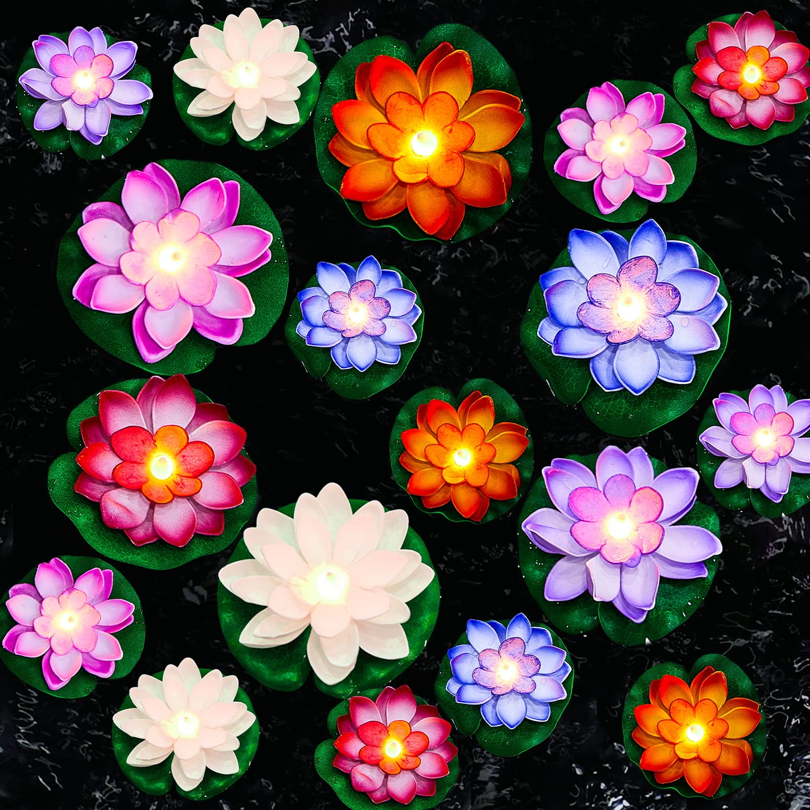 Hortsun 18 Pcs Floating Lotus Lights with Batteries Lily Pads Pool Flowers Floating Candles Decor Artificial Pond Plants Decorat