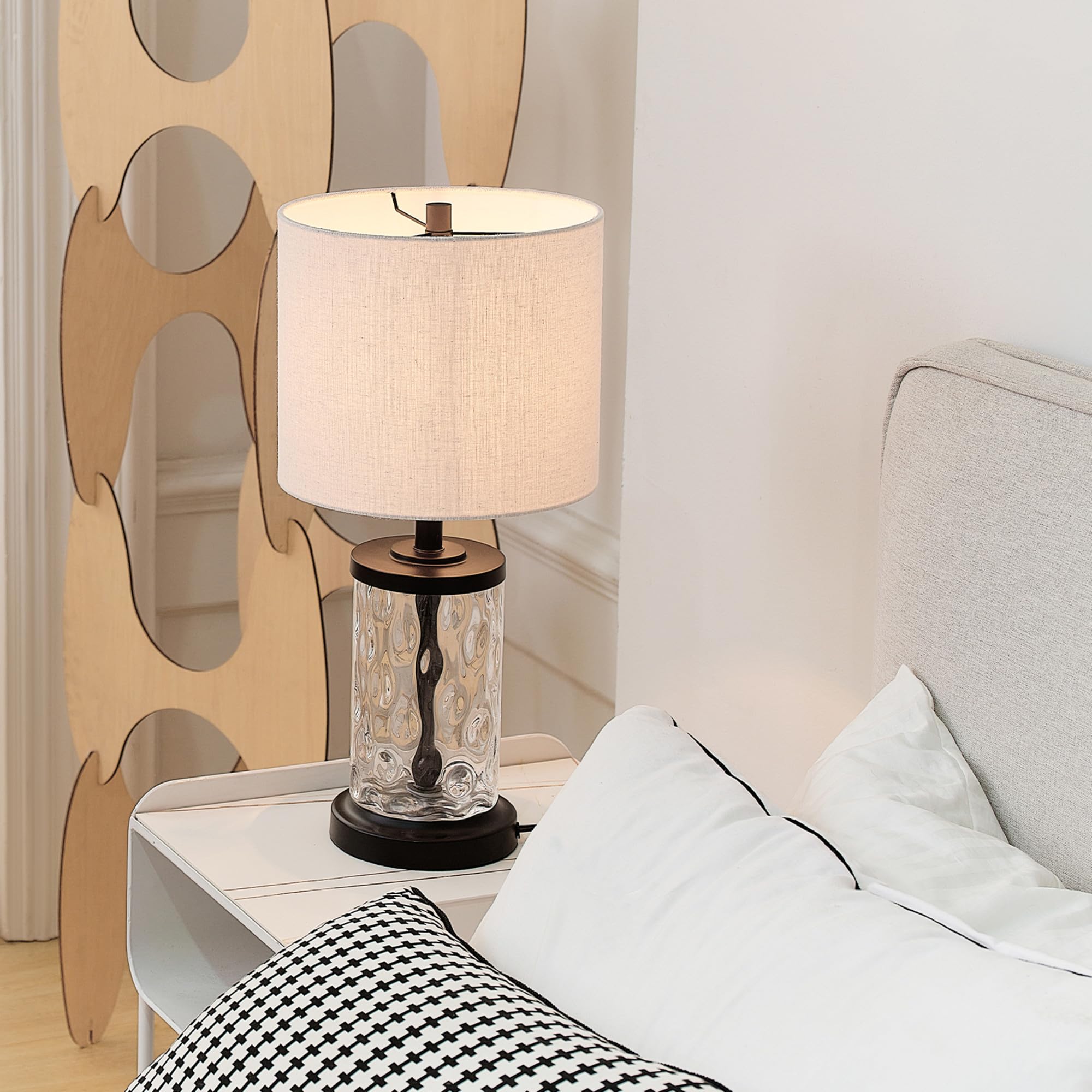 Globe Electric 61000044 20'' Fillable Watered Glass Table Lamp, Oil-Rubbed Bronze Base, Beige Linen Shade, Black Cord, On/Off Ro