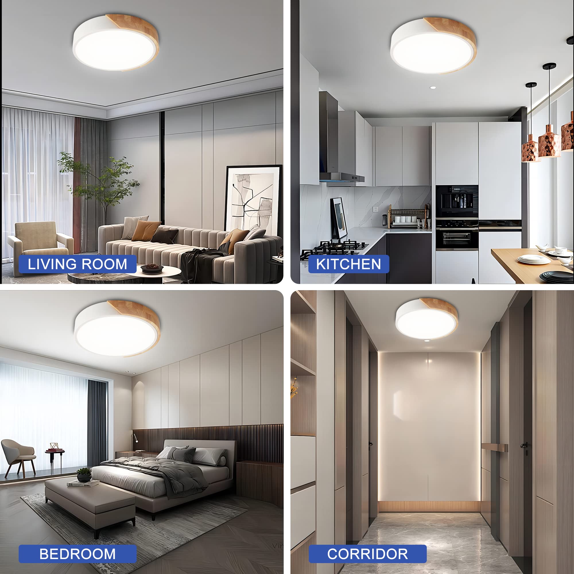 Flush Mount Ceiling Light  12 Inch Led Ceiling Light Fixture  Matte White With Wood  4500K/24W(150W Equiv.)  Not Dimmable Indoor Lighting Fixtures Ceiling For Bedroom And Hallway