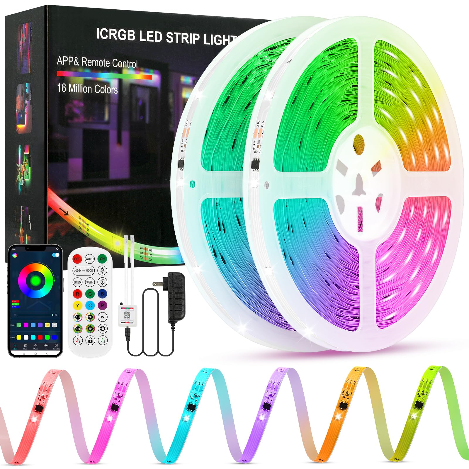 ERBTY LED Strip Lights, 130FT (2 Rolls of 65ft), RGB Color Changing, Music Sync, 24-Key Remote, PVC, Multicolor
