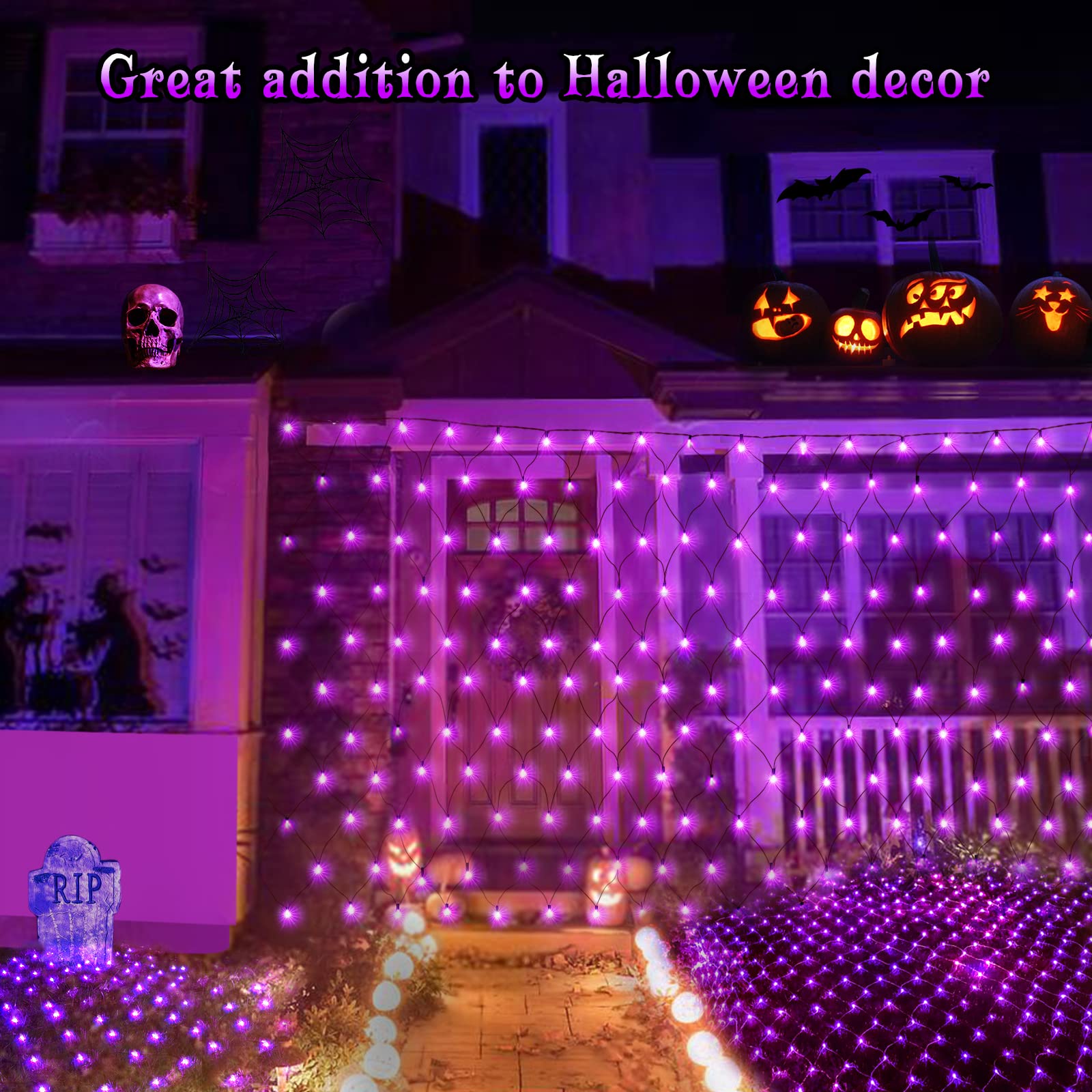 BlcTec Halloween Lights Outdoor 360 LED 9.8ft x 6.6ft Waterproof Purple with 8 Modes & Timer, Dark Green Wire Design