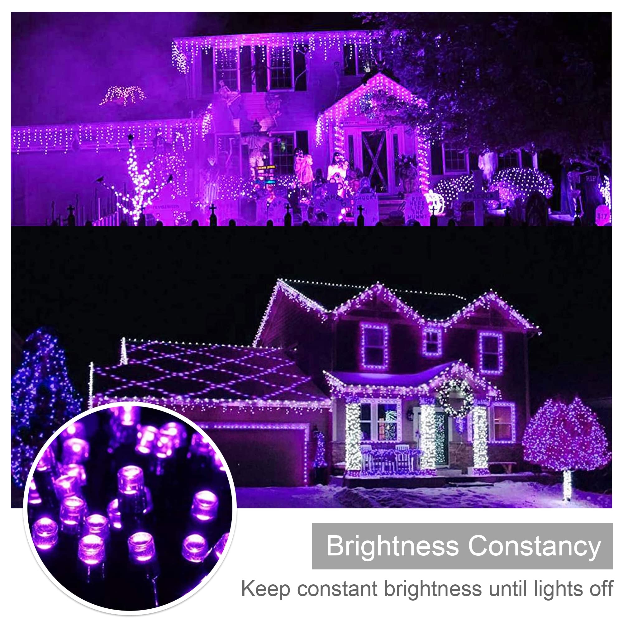 weillsnow Purple Christmas Lights, 200 LED, 66FT Waterproof String Lights, 8 Modes, Copper, Model HB-500COI