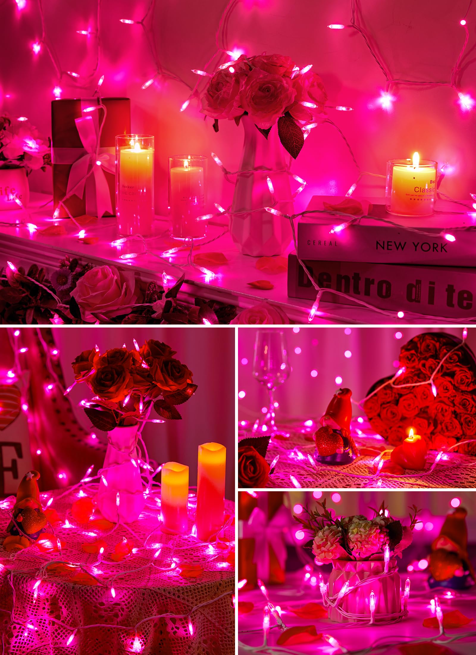 Minetom Valentines Decor Pink Lights, 39 Feet 100 Led Mini Valentines String Lights Usb Operated, Waterproof Tree Lights Indoor For Home Bedroom Holiday Decorations