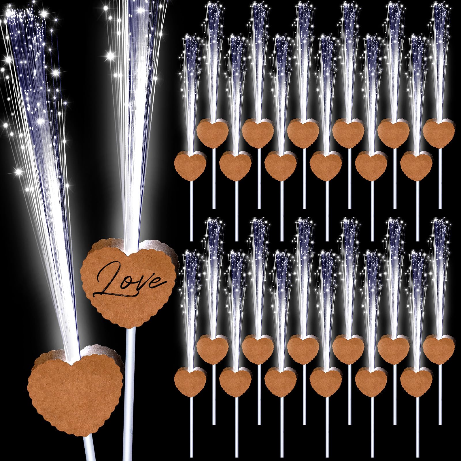 Tujoe 24 Pcs LED Wedding Sparklers Glow Sticks Heart Shape Long Fiber Optic Wands with 3 Light Modes for Send Off Reception Vale