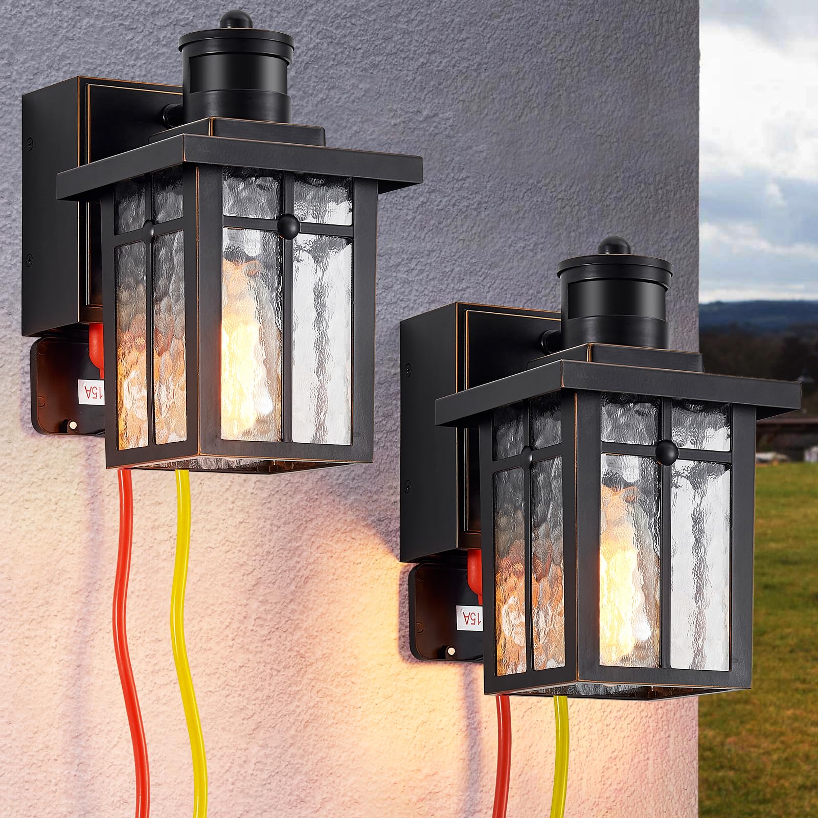Myhaptim 2 Pack Porch Lights with GFCI Outlet, Dusk to Dawn, Motion Sensor, Waterproof, Black, Model OW-BK02
