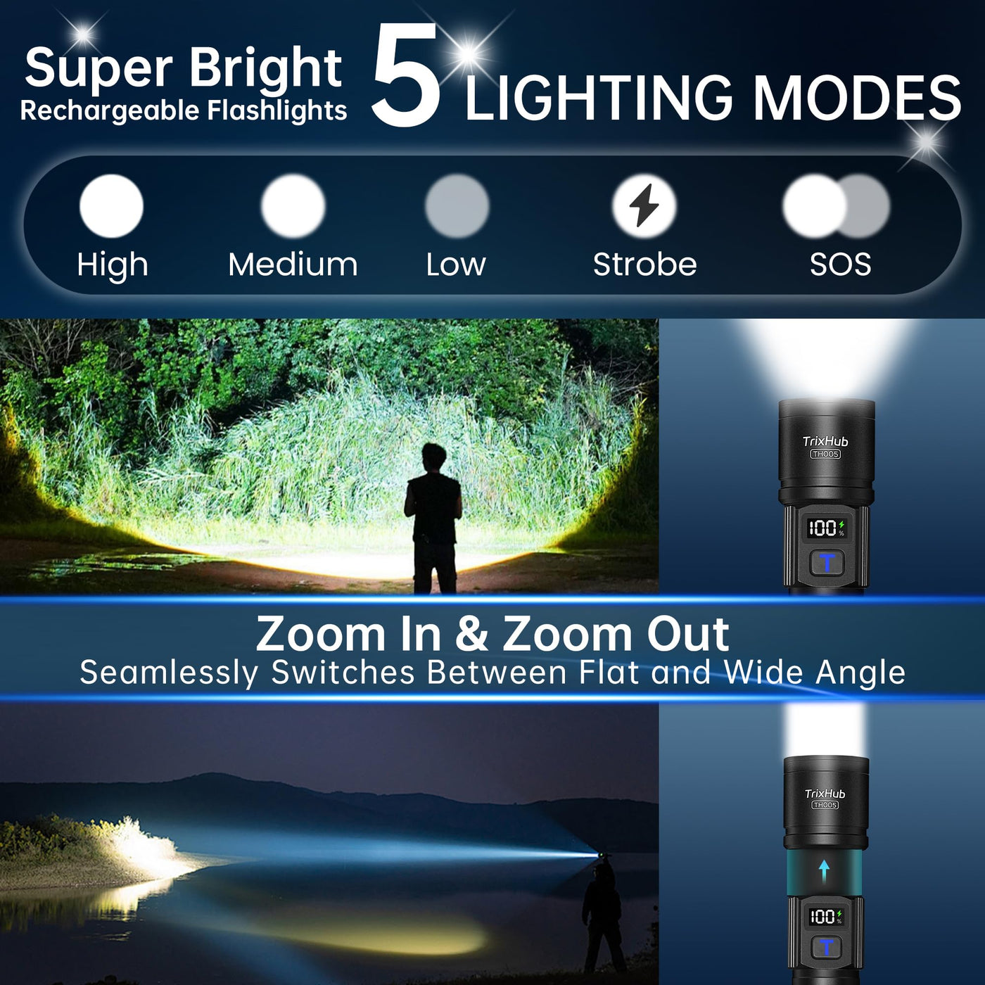 TrixHub Rechargeable Flashlights 2 Pack, 5 Modes, Super Bright LED, Al – Lightsdaddy