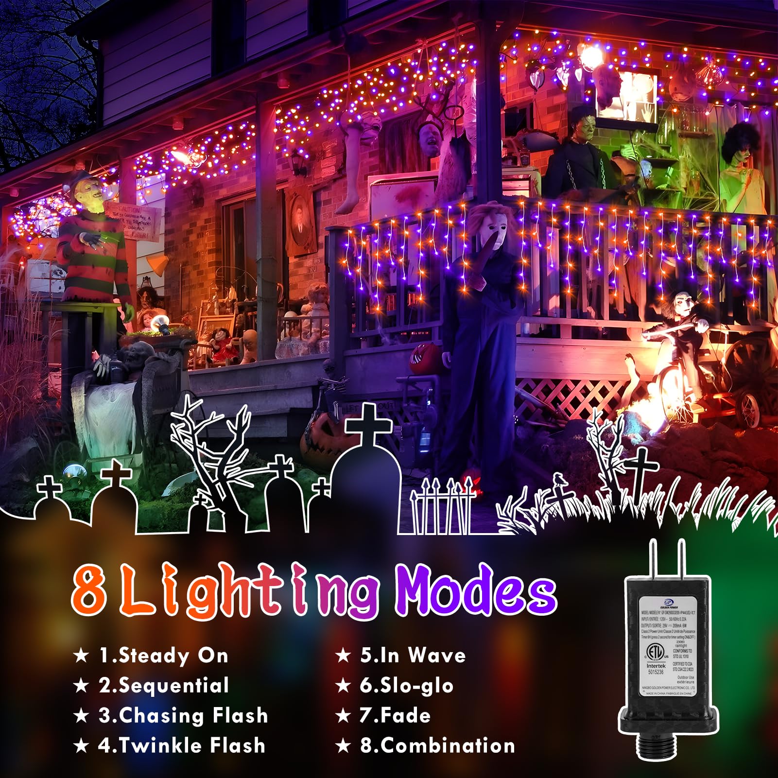 Knonew Christmas Lights Outdoor 1216 Led 99Ft Curtain Fairy String Light, 8 Modes, Clear Wire, Orange & Purple For Indoor/Outdoor Decor