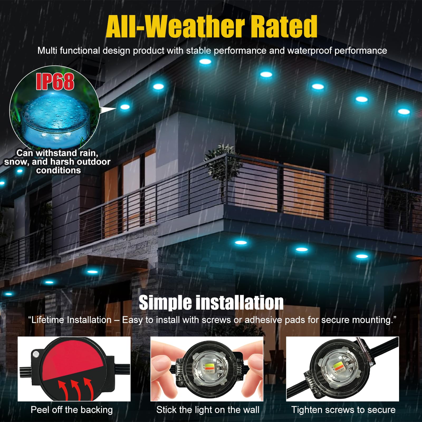 Geodurn LED String Lights, 100 FT Waterproof 2-in-1 Eaves & Ground Stakes, Black, Model DCD-30M, App/Remote Control, Color-Changing