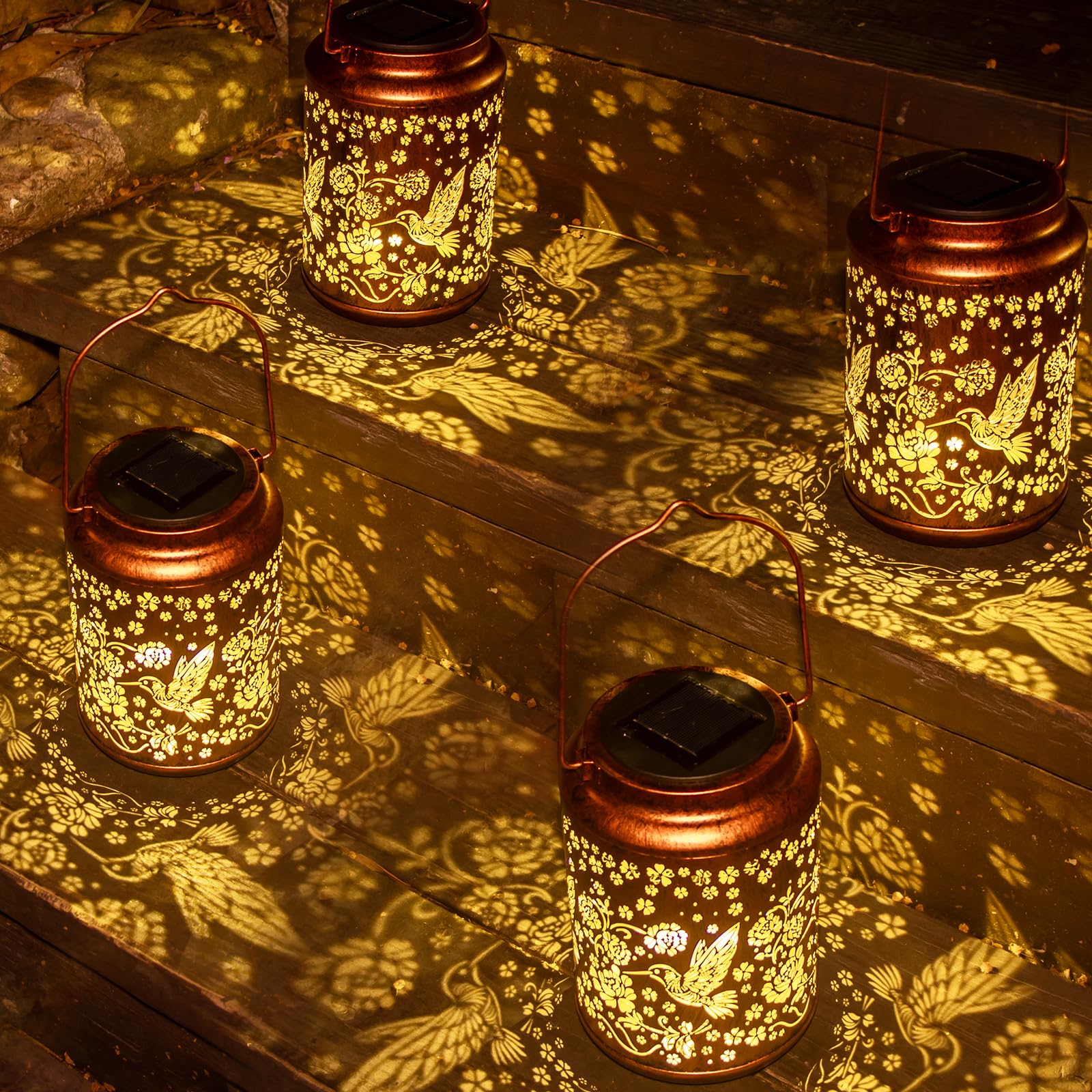 YISITEONE Hummingbird Solar Lanterns 4 Pack, Metal Waterproof Outdoor Lights for Patio, Brown, Model ES0425ES00009
