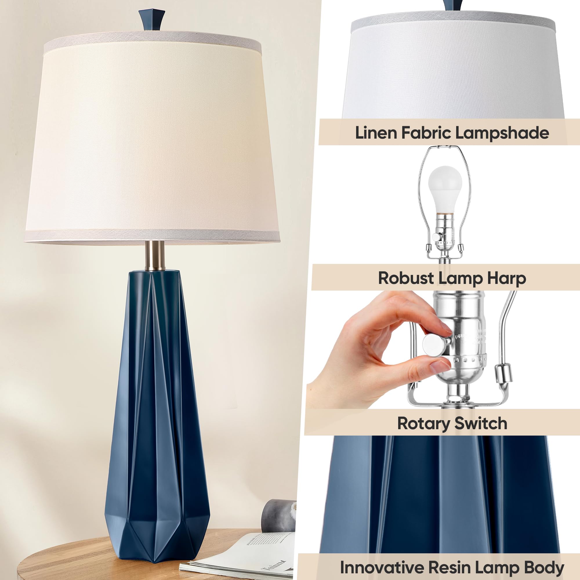 WIHTU 3-Color Temperature Table Lamps Set of 2, 27 Navy Blue Modern Resin Desk Lamps with Linen Shade for Living Room & Bedroom Decor