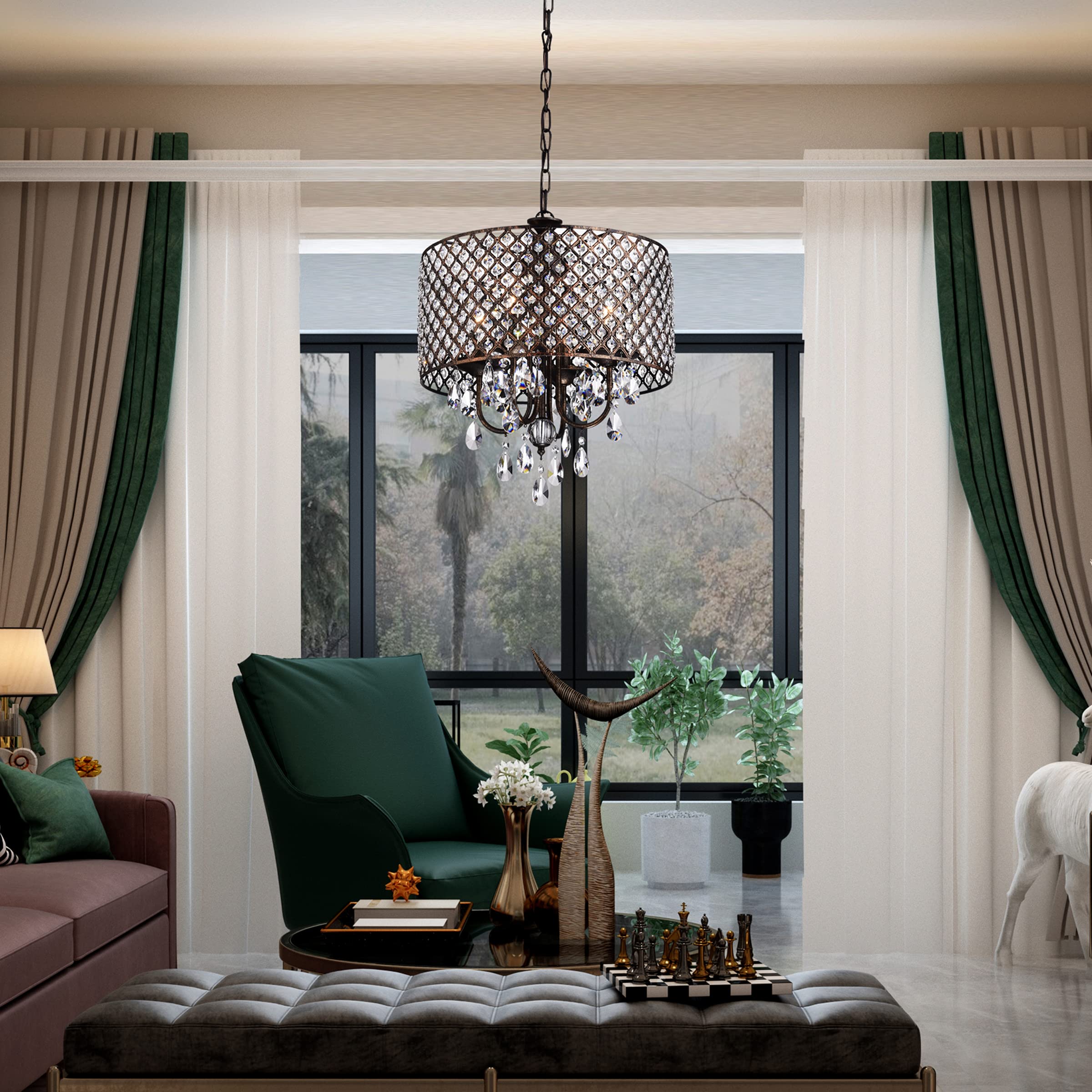 Edvivi Marya Drum Crystal Chandelier, 4 Lights, Antique Copper Finish, Adjustable Ceiling Light, Model EPG8019AC