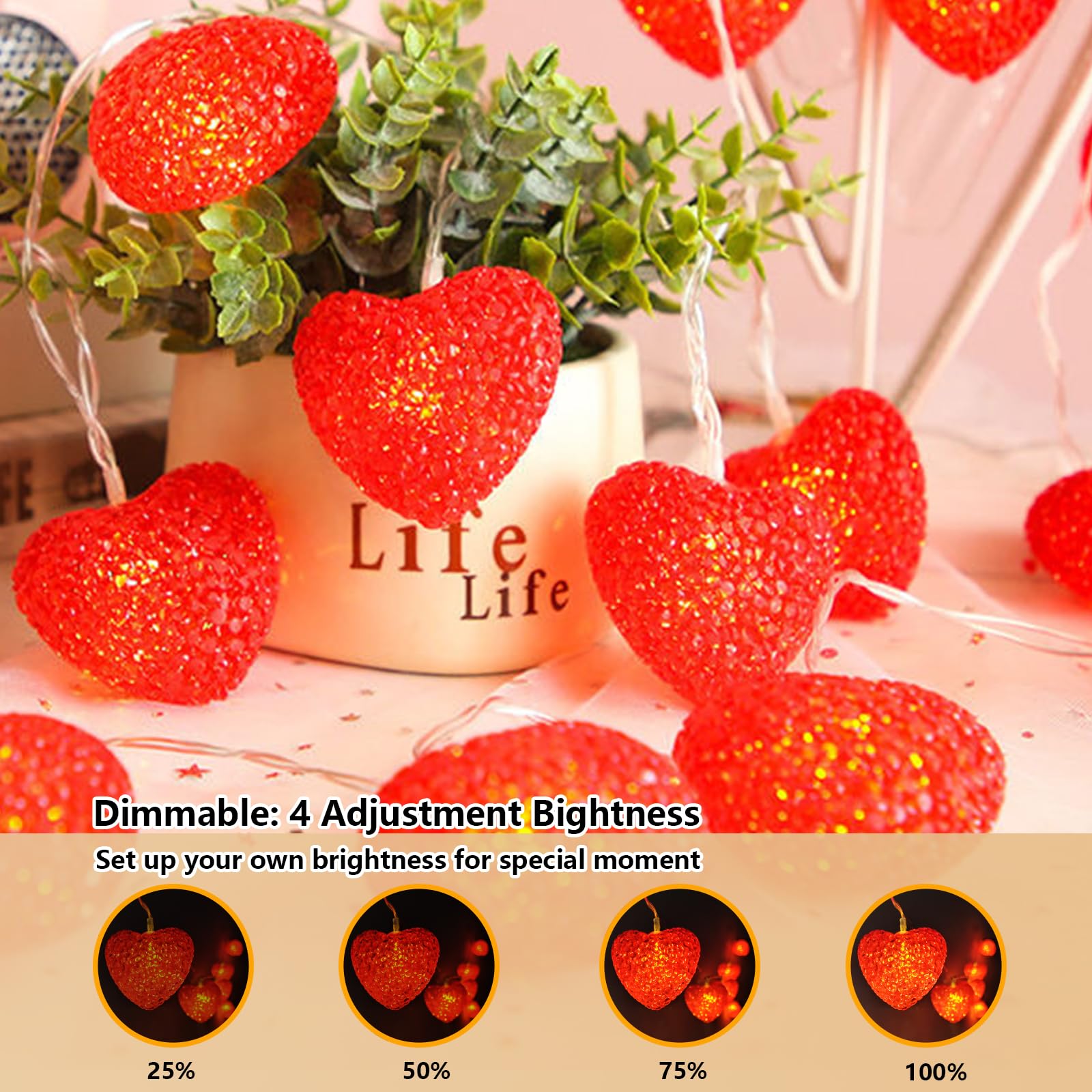 Valentines Day Lights Battery Powered 6.8Ft 10 LED Shatterproof Red Heart String Lights with Remote Timer, Outdoor Valentine Hea