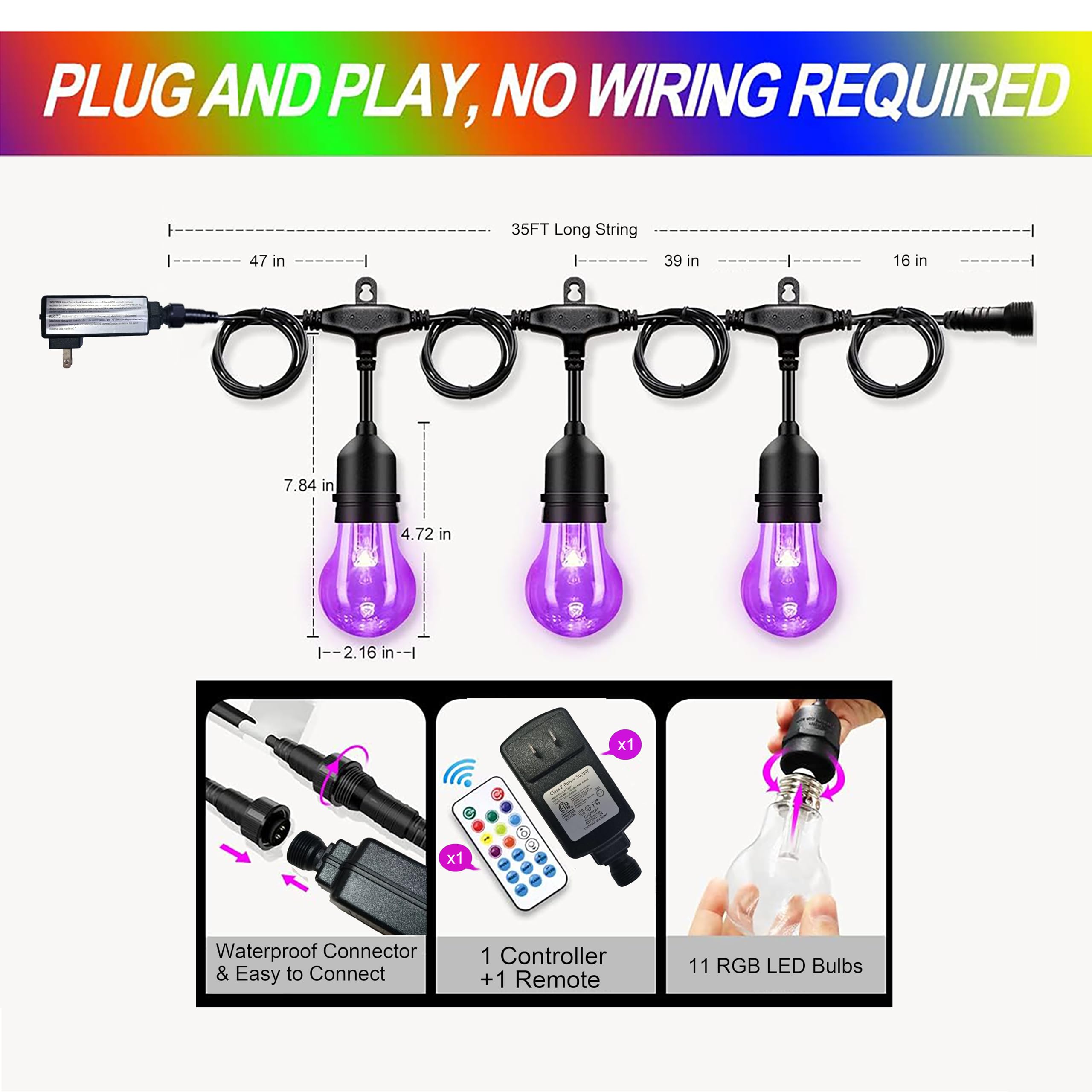 Ipstank Outdoor Patio Lights Color Changing, 35Ft Rgb Led String Lights With E26 Shatterproof Edison Bulbs, Dimmable Patio Strin