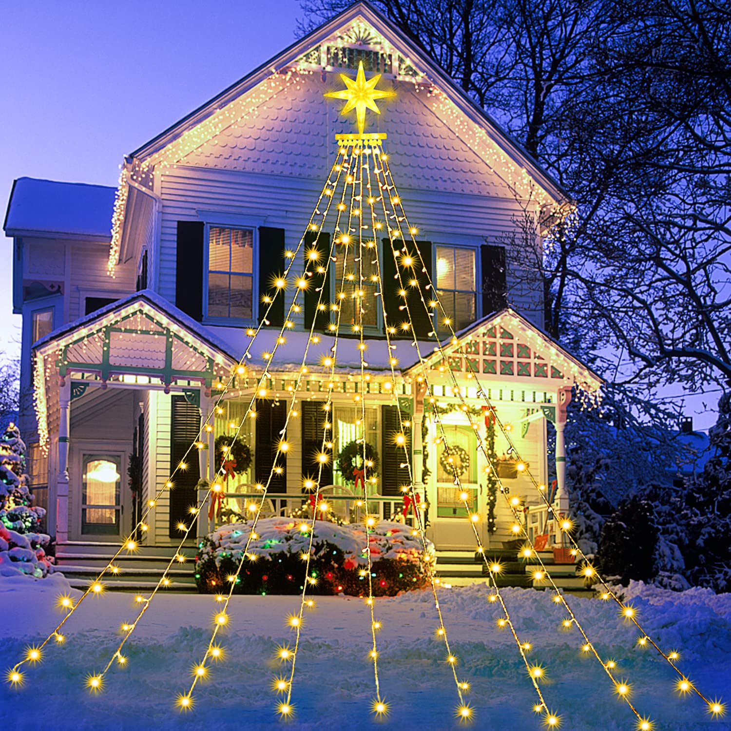 Qulist 16.4Ft 315Led Christmas Star String Lights, Waterproof, 8 Modes, Warm White