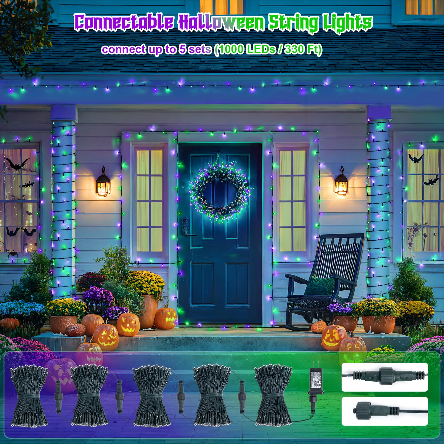 JMEXSUSS Halloween String Lights, 200 LED, 66ft Connectable, Purple and Green, 8 Modes, Waterproof for Indoor/Outdoor Decor