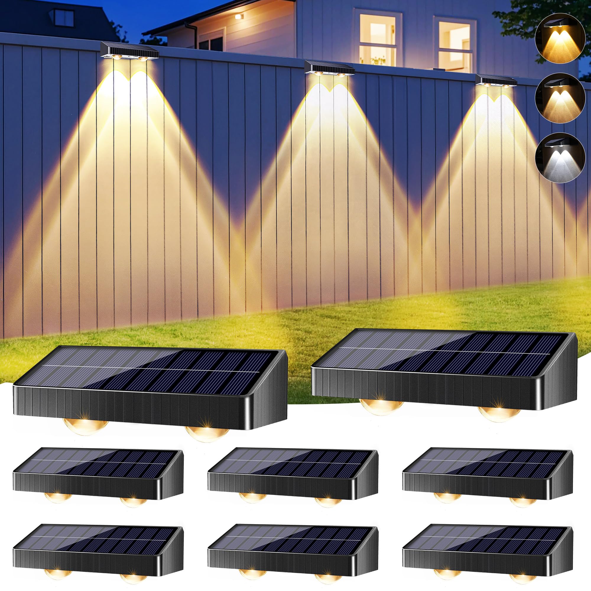 Brizled Solar Fence Lights, 6 Modes, IP65 Waterproof, 8 Pack, Warm White & Cool White & Natural White