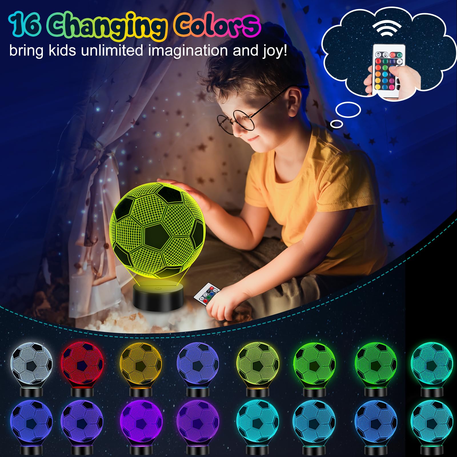Linkax Soccer Ball 3D Illusion Lamp - Easter Basket Stuffers For Boys Ages 8-13, 16 Color Changing