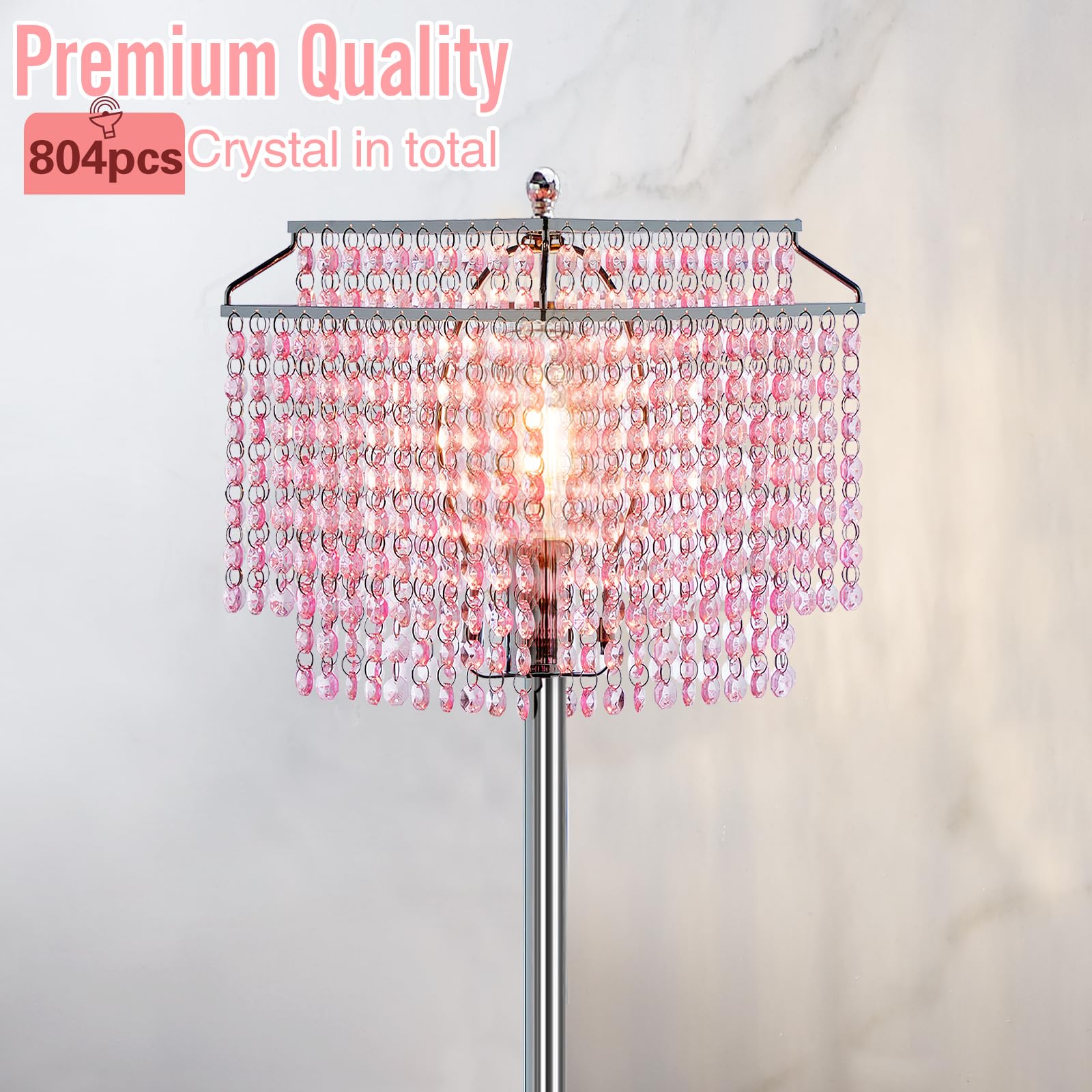 Luvkczc Pink Crystal Floor Lamp, 64" Tall Metal Standing Lamp with Double-Layer Lampshade, On/Off Foot Switch for Living Room and Office