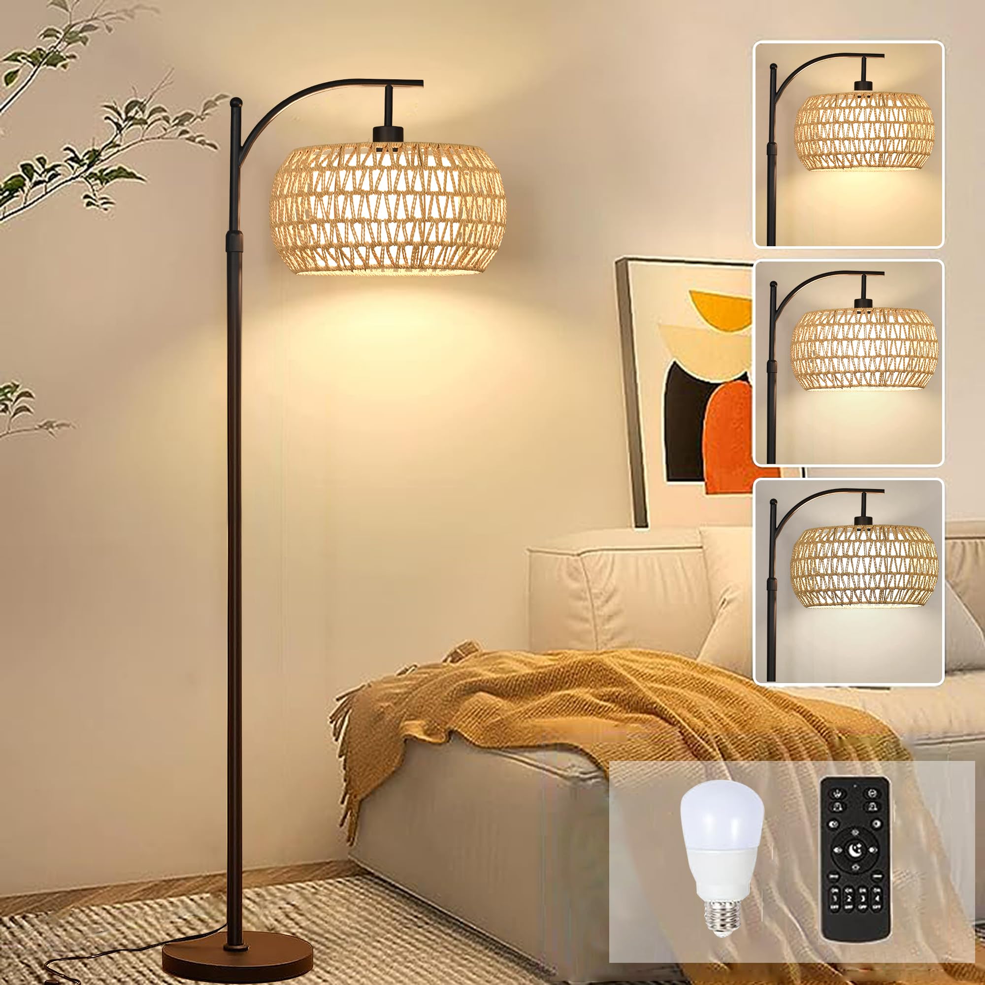 Arc Floor Lamp for Living Room Rattan Boho Floor Lamp with Remote Control,Dimmable LED Floor Lamp Wicker Lamp Shades Black Stand